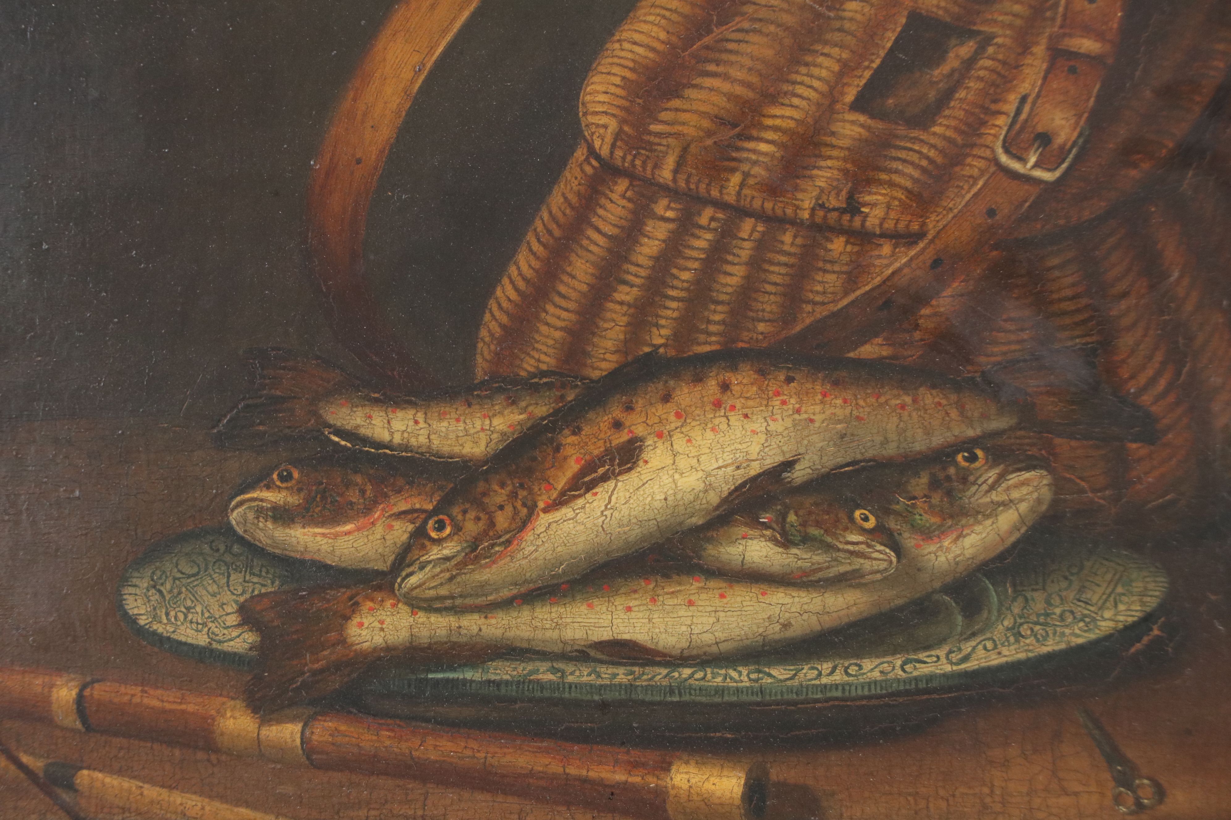 W. Torr Still Life with Fish Oil Painting, 19th Century