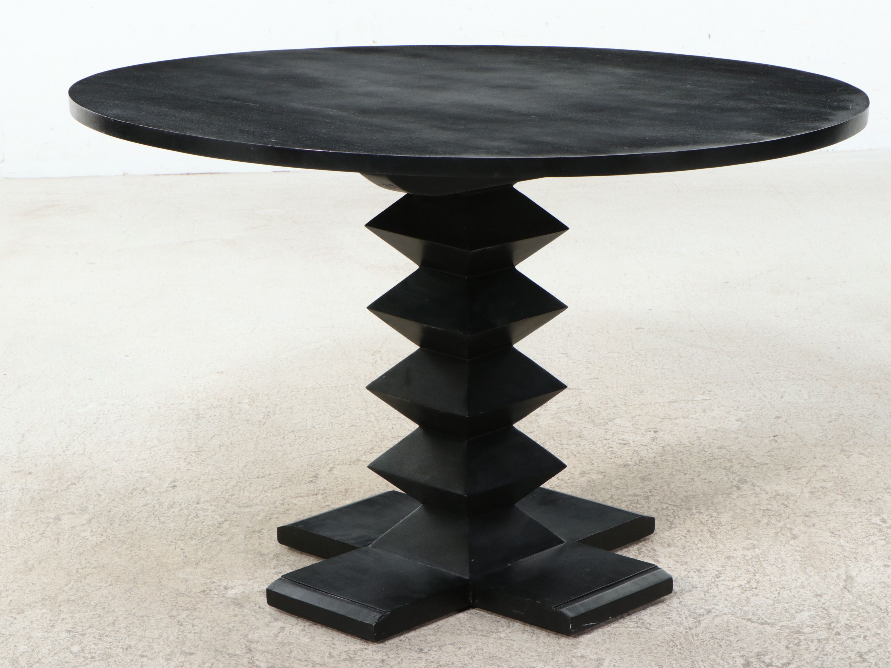 Brutalist Style Geometric Pedestal Dining Table with Six Caned Bentwood Chairs