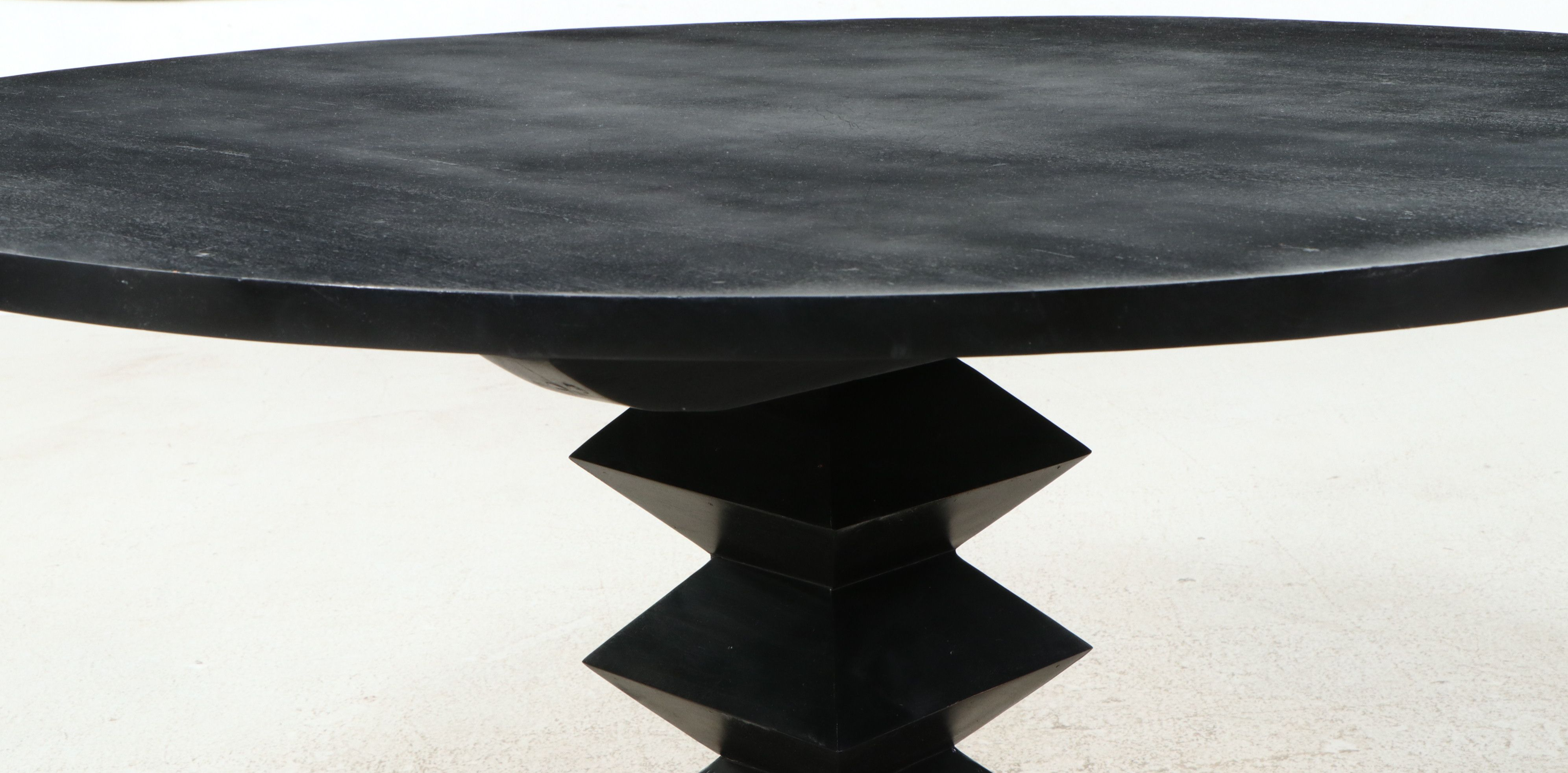 Brutalist Style Geometric Pedestal Dining Table with Six Caned Bentwood Chairs