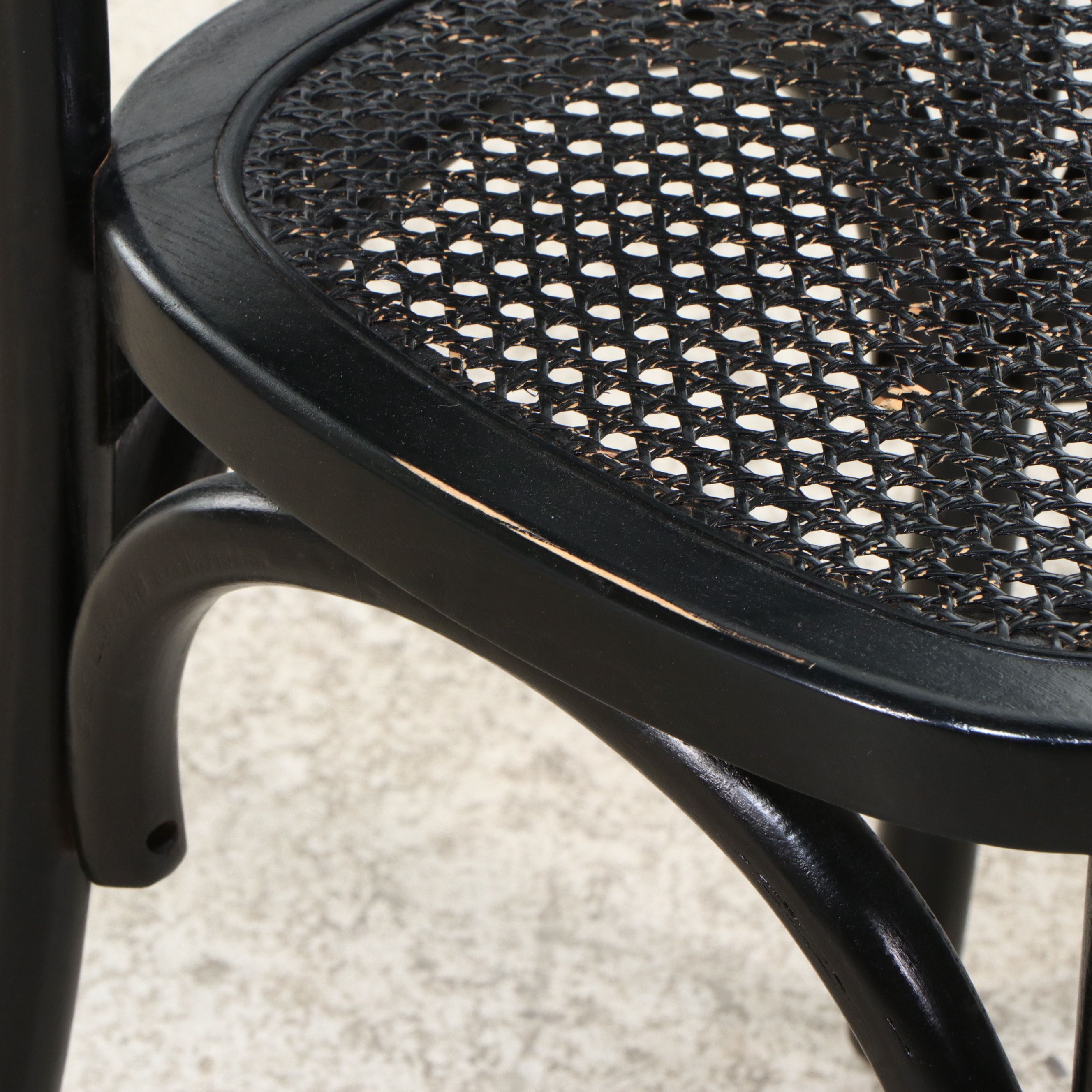 Brutalist Style Geometric Pedestal Dining Table with Six Caned Bentwood Chairs