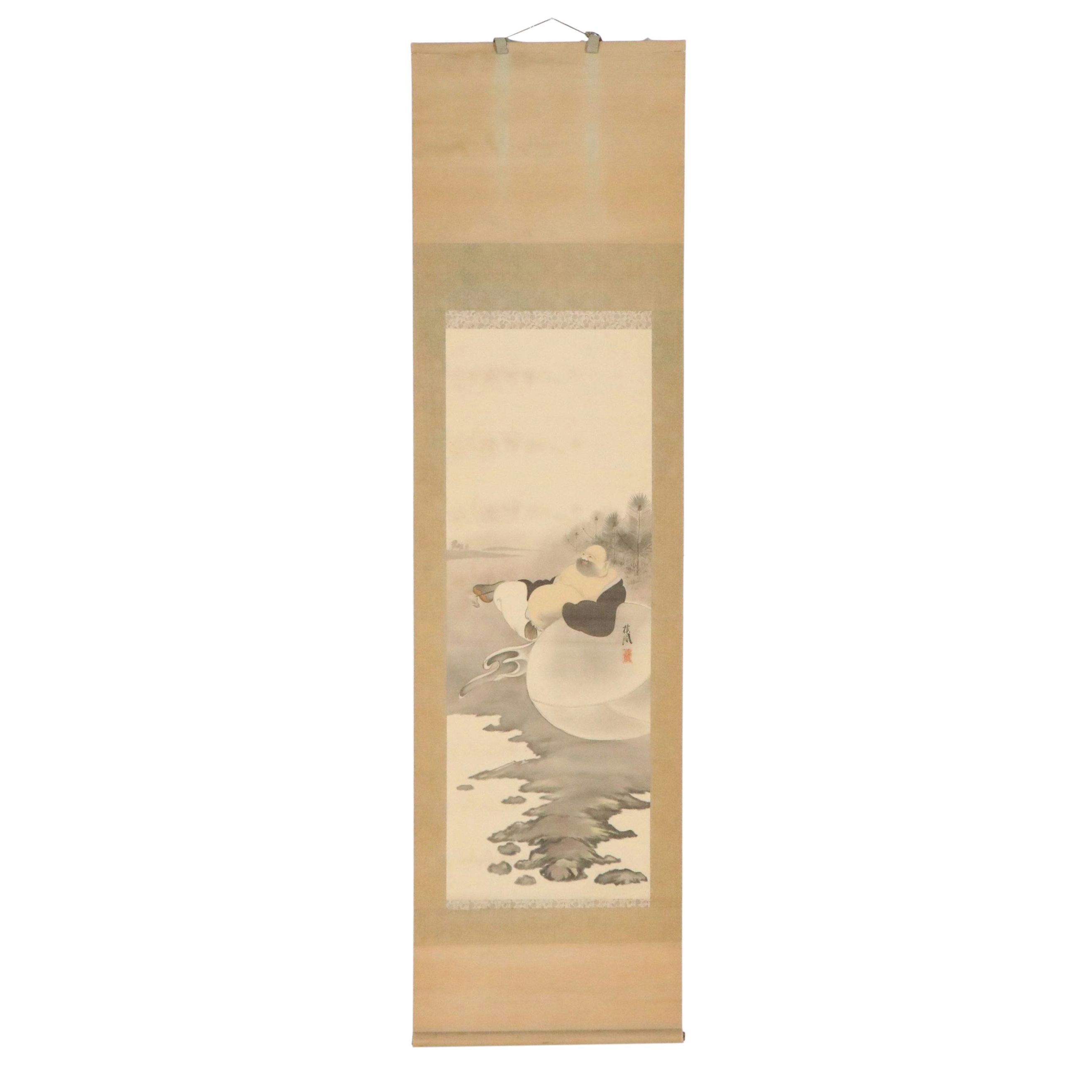 Japanese Ink and Watercolor Scroll Painting of Laughing Buddha