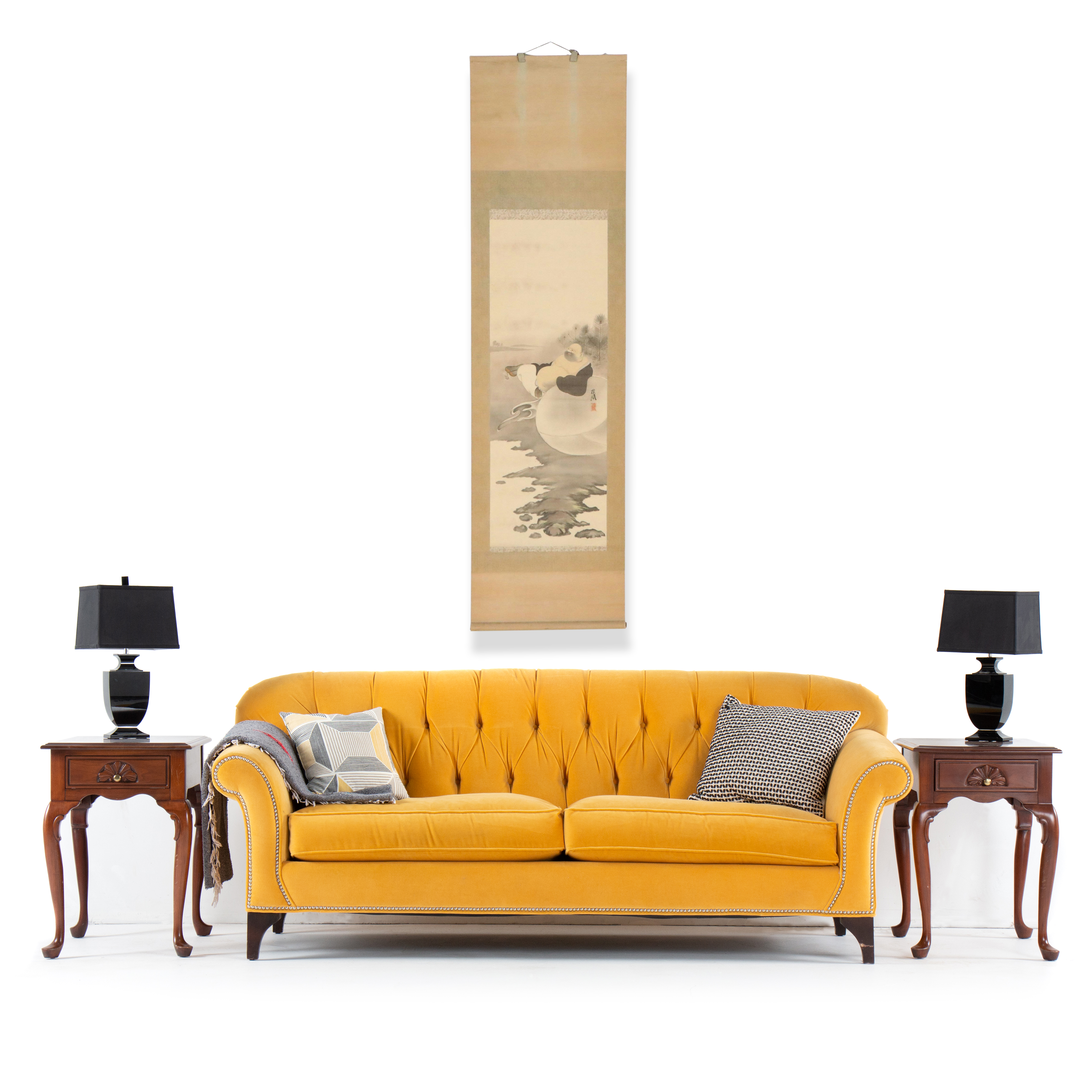 Japanese Ink and Watercolor Scroll Painting of Laughing Buddha