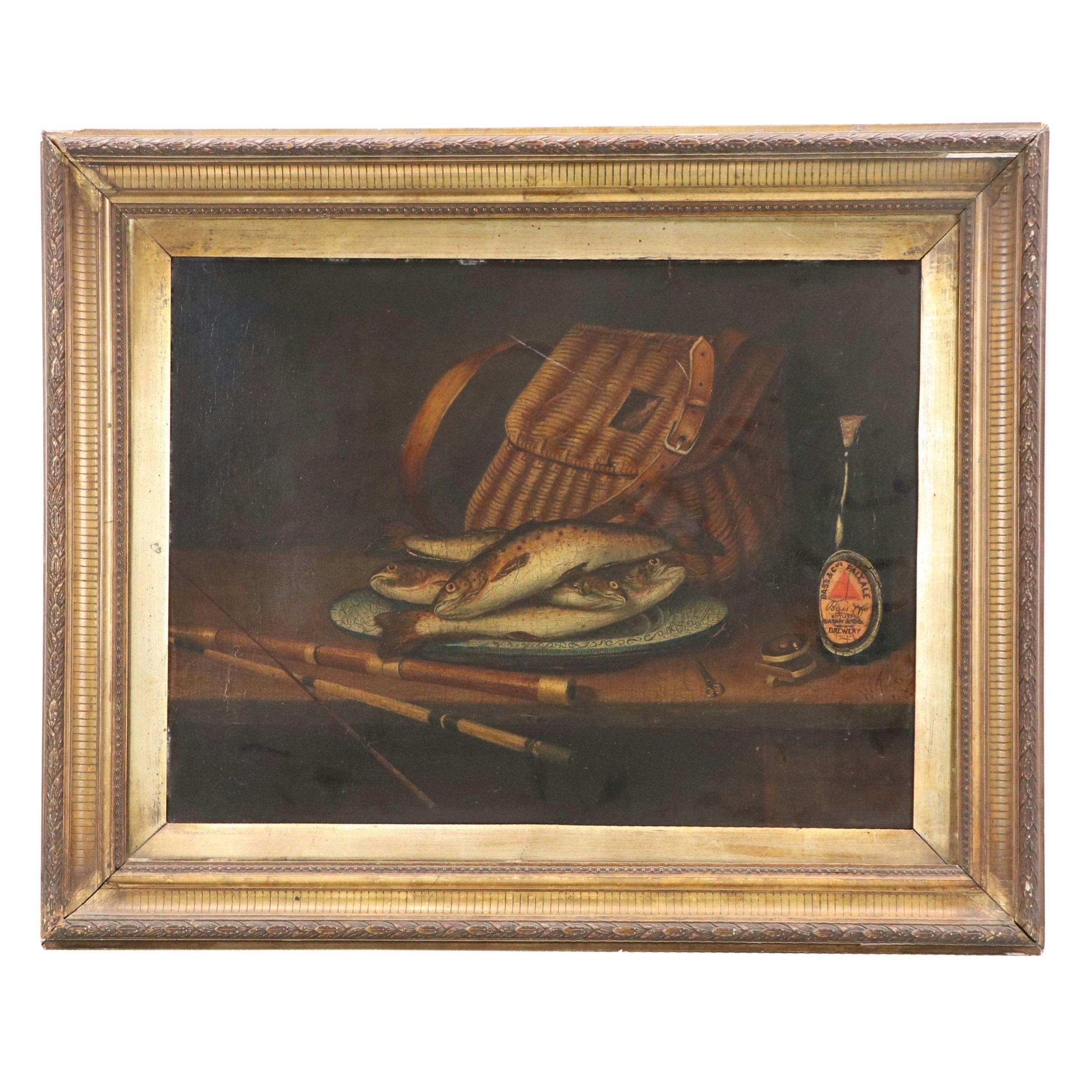 W. Torr Still Life with Fish Oil Painting, 19th Century