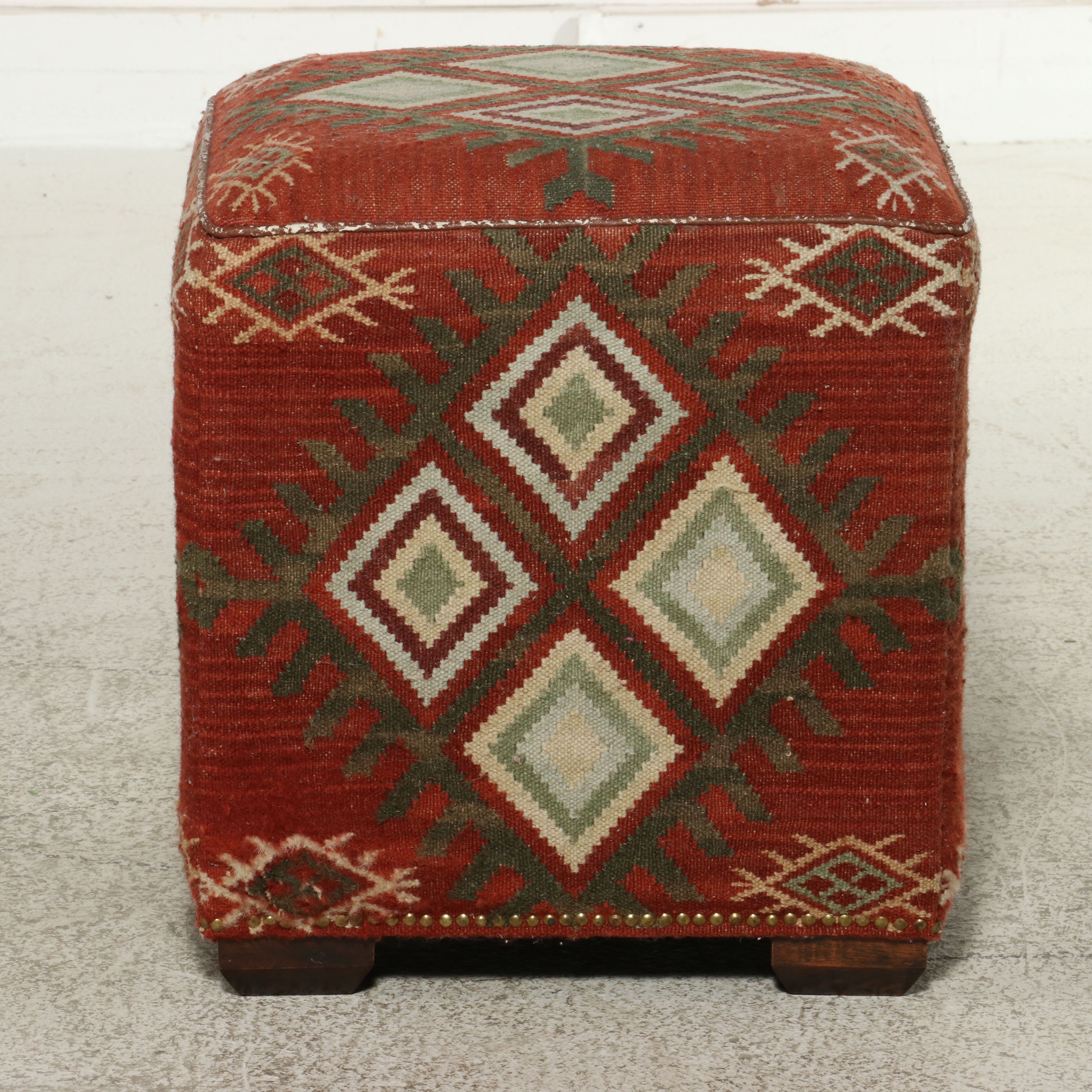 Pair of Geometric Kilim-Upholstered Cube Ottomans