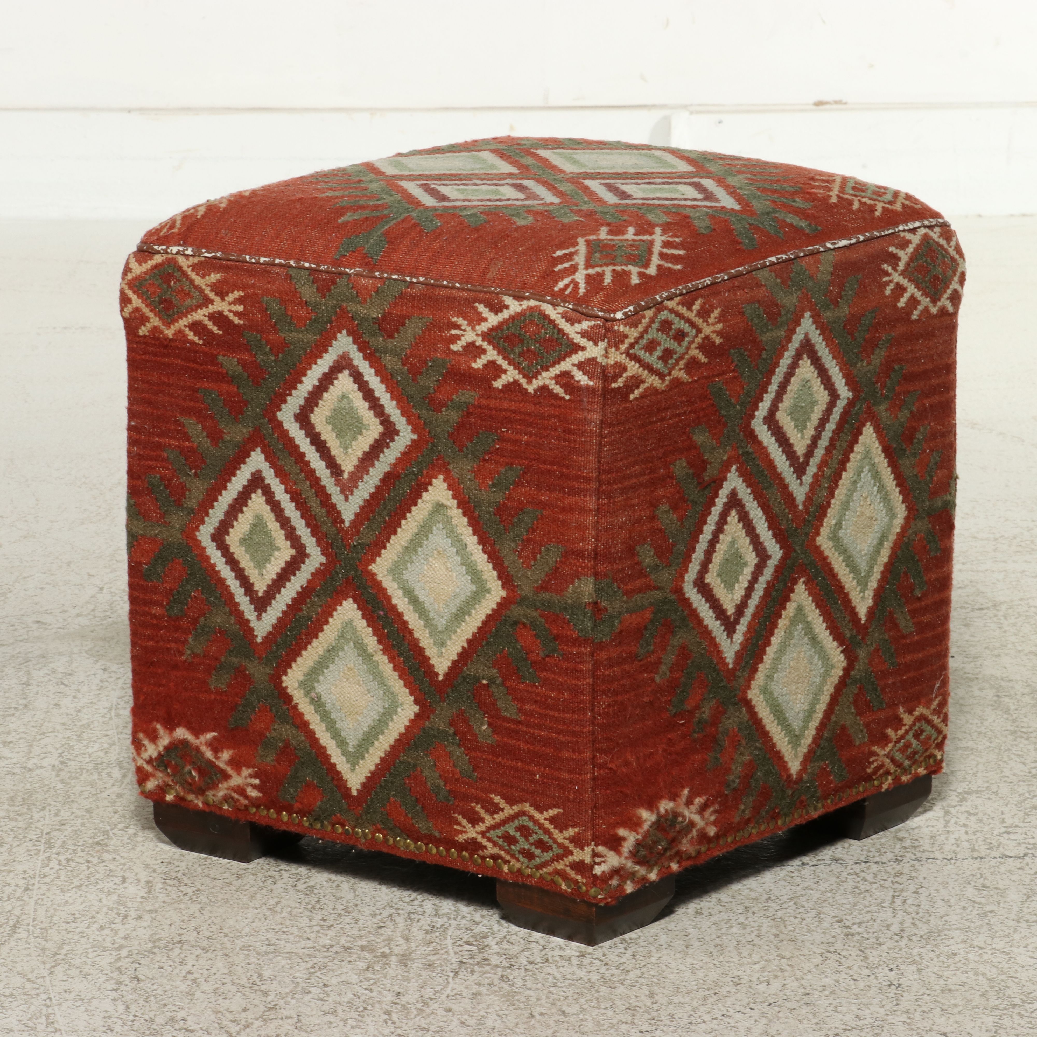 Pair of Geometric Kilim-Upholstered Cube Ottomans