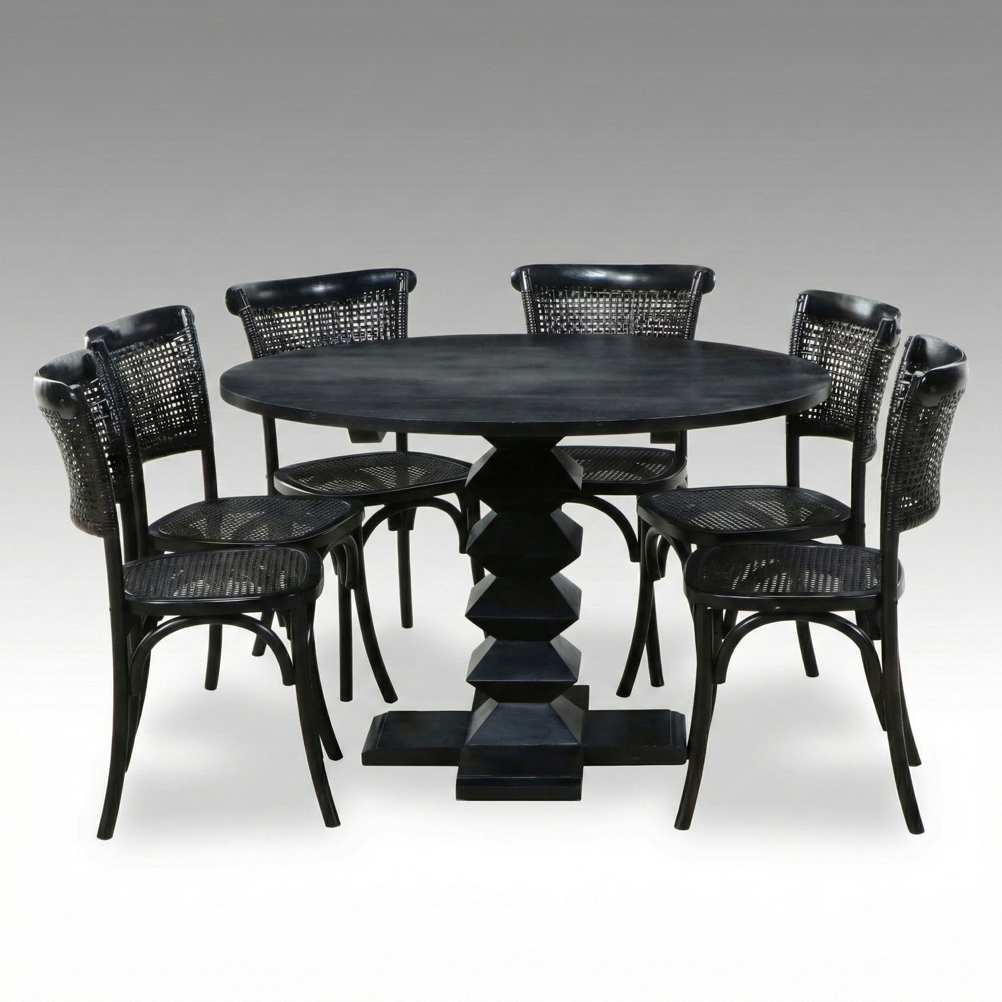 Brutalist Style Geometric Pedestal Dining Table with Six Caned Bentwood Chairs