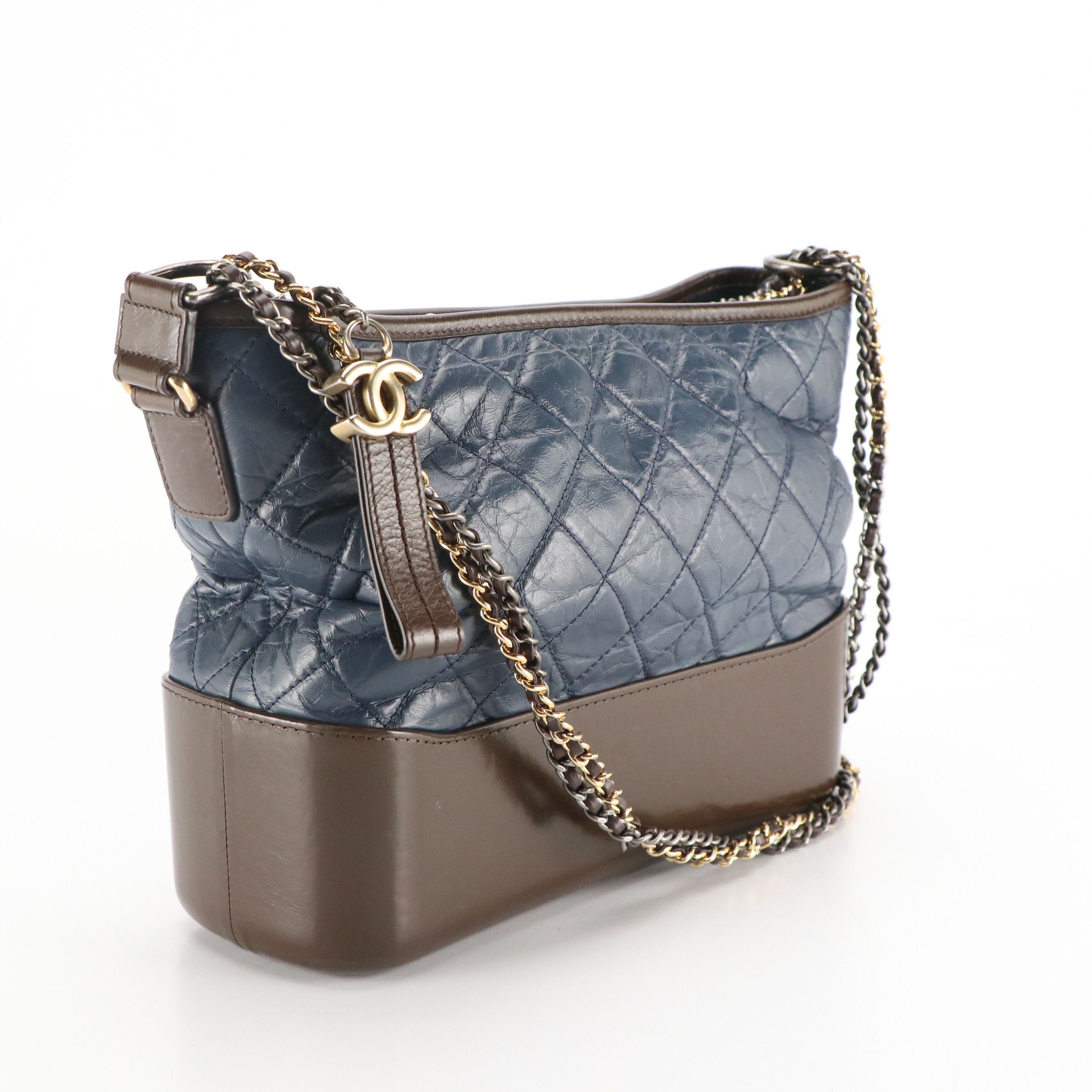 Chanel Gabrielle Diamond-Stitched Chain Strap Hobo Bag in Blue & Brown Leather