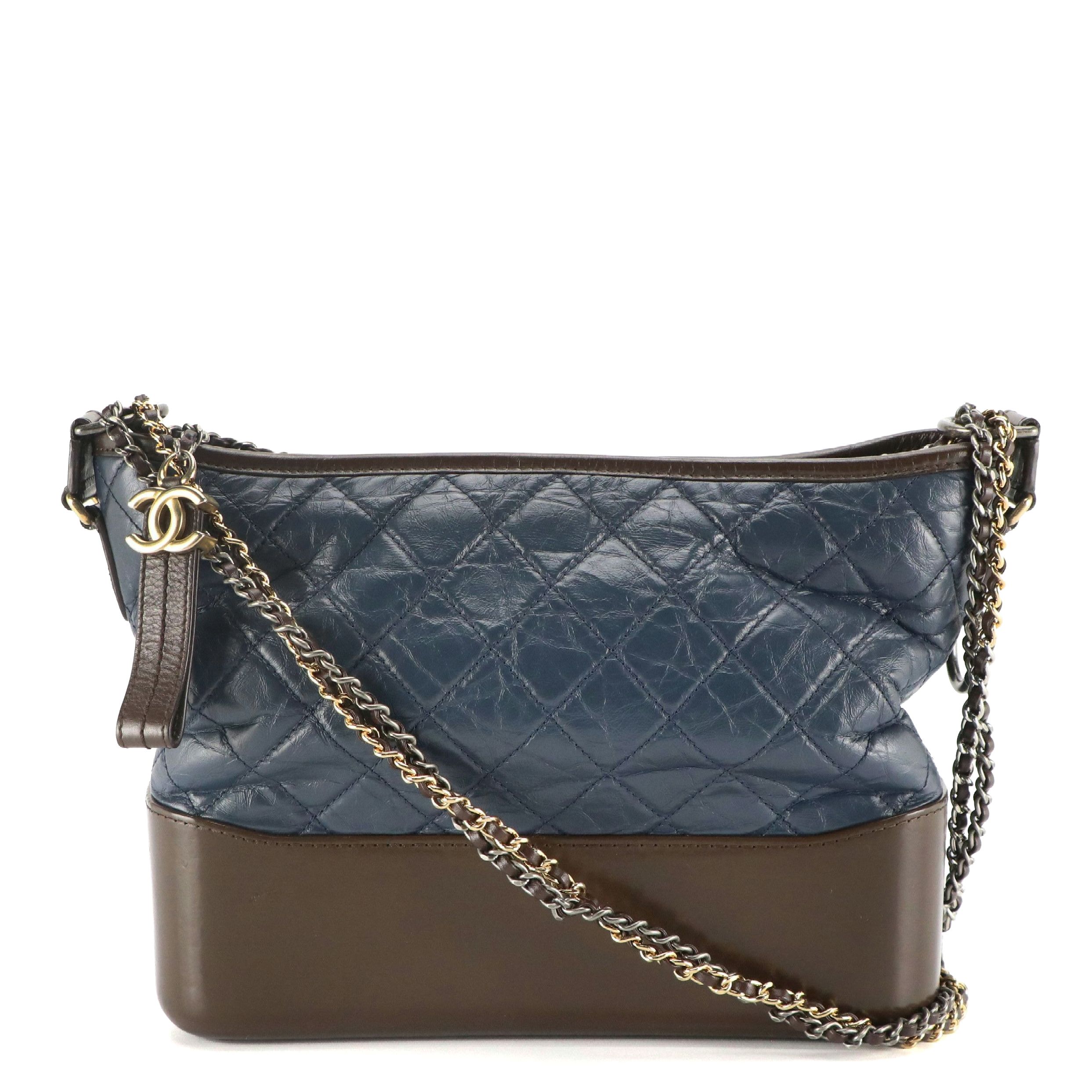 Chanel Gabrielle Diamond-Stitched Chain Strap Hobo Bag in Blue & Brown Leather