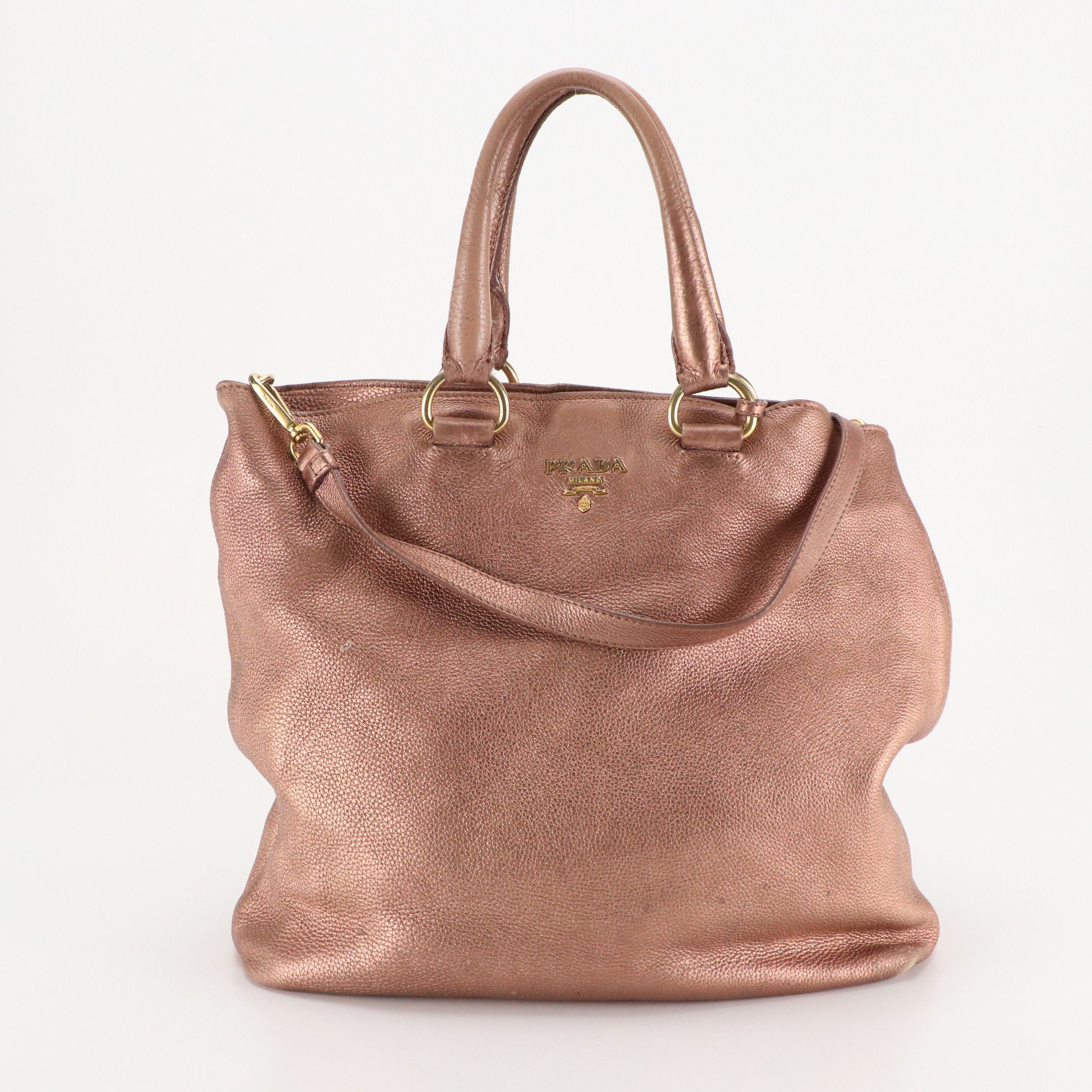 Prada Two-Way Tote Bag in Rose Gold Metallic Vitello Daino Leather