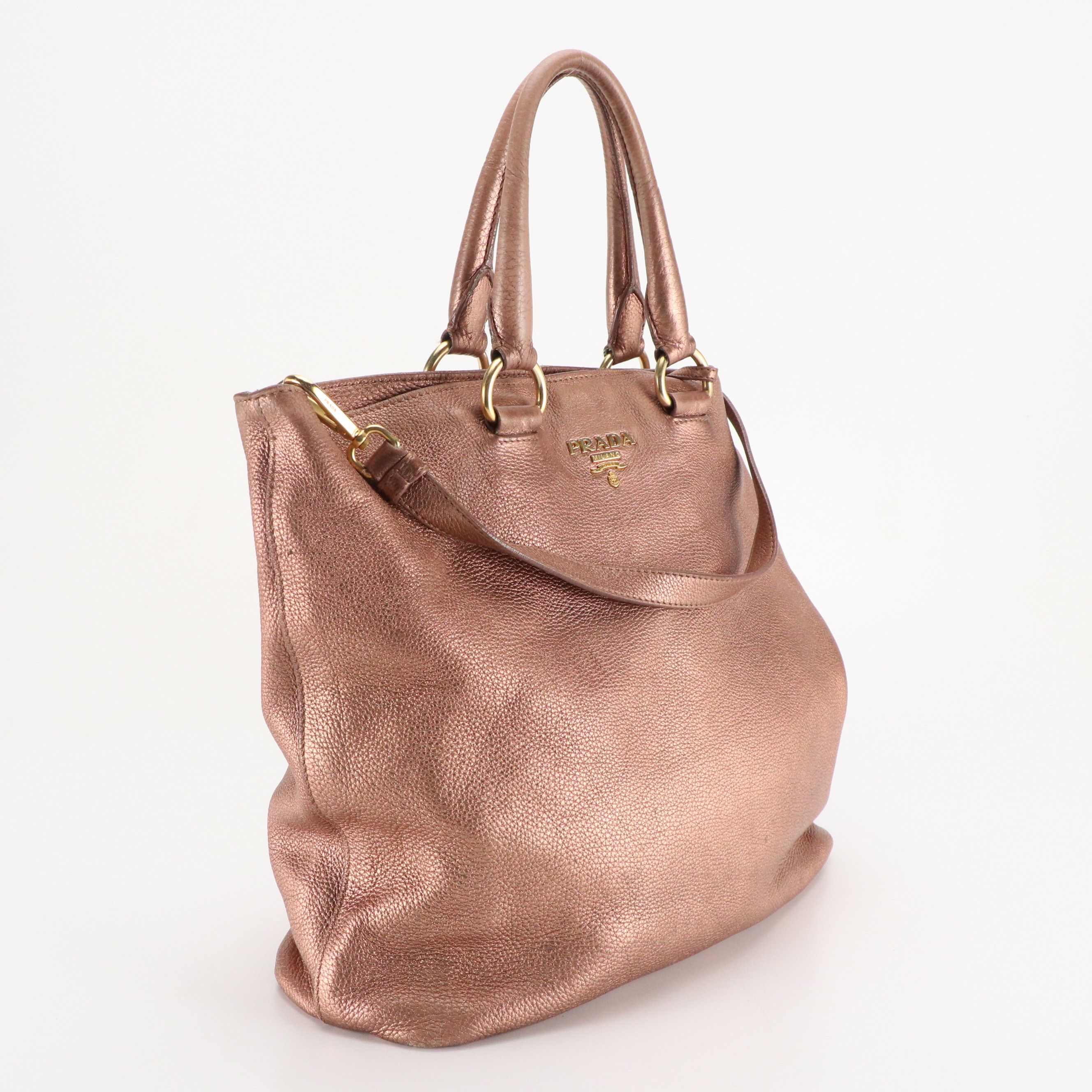 Prada Two-Way Tote Bag in Rose Gold Metallic Vitello Daino Leather