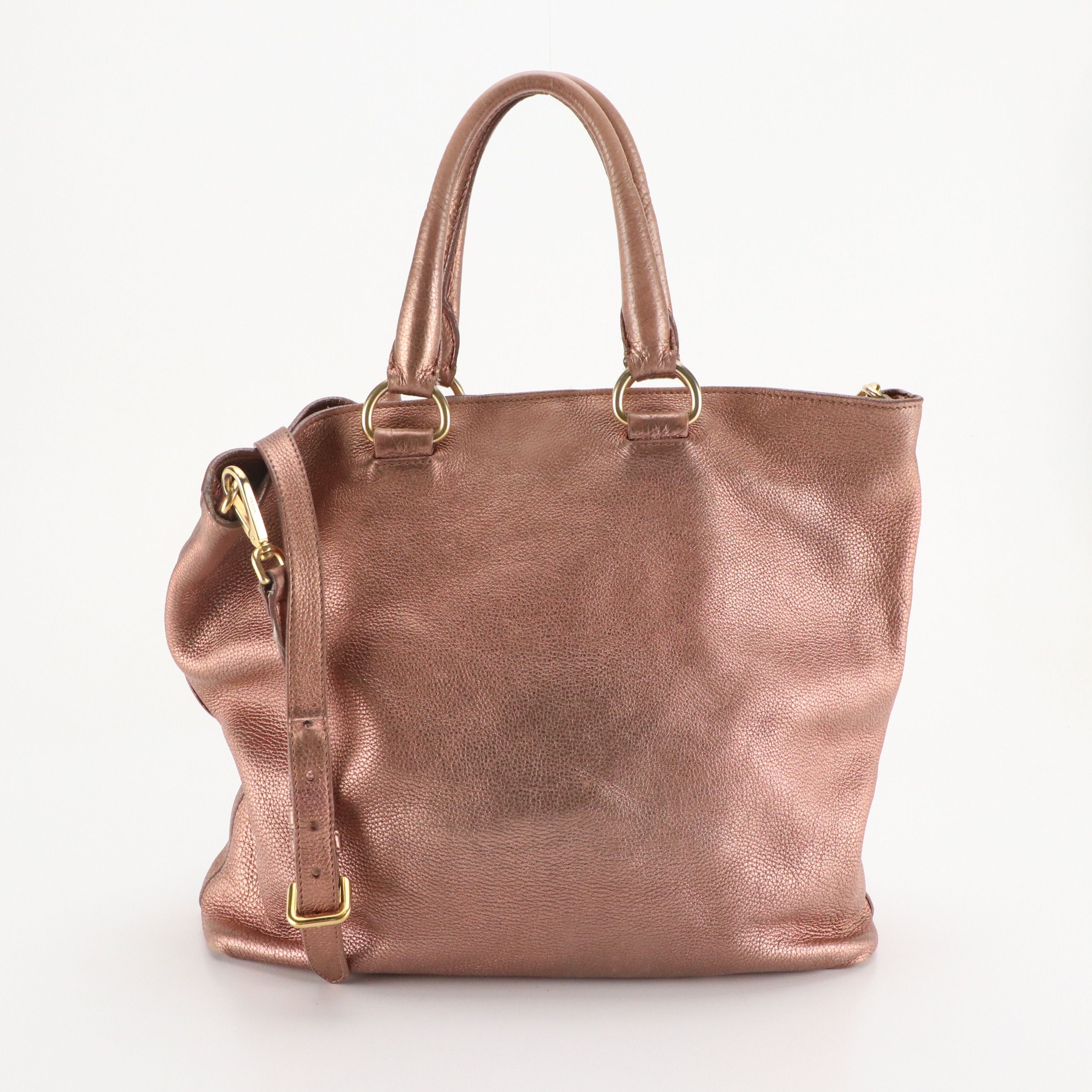 Prada Two-Way Tote Bag in Rose Gold Metallic Vitello Daino Leather