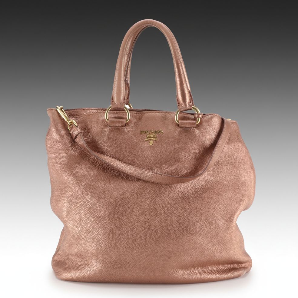 Prada Two-Way Tote Bag in Rose Gold Metallic Vitello Daino Leather