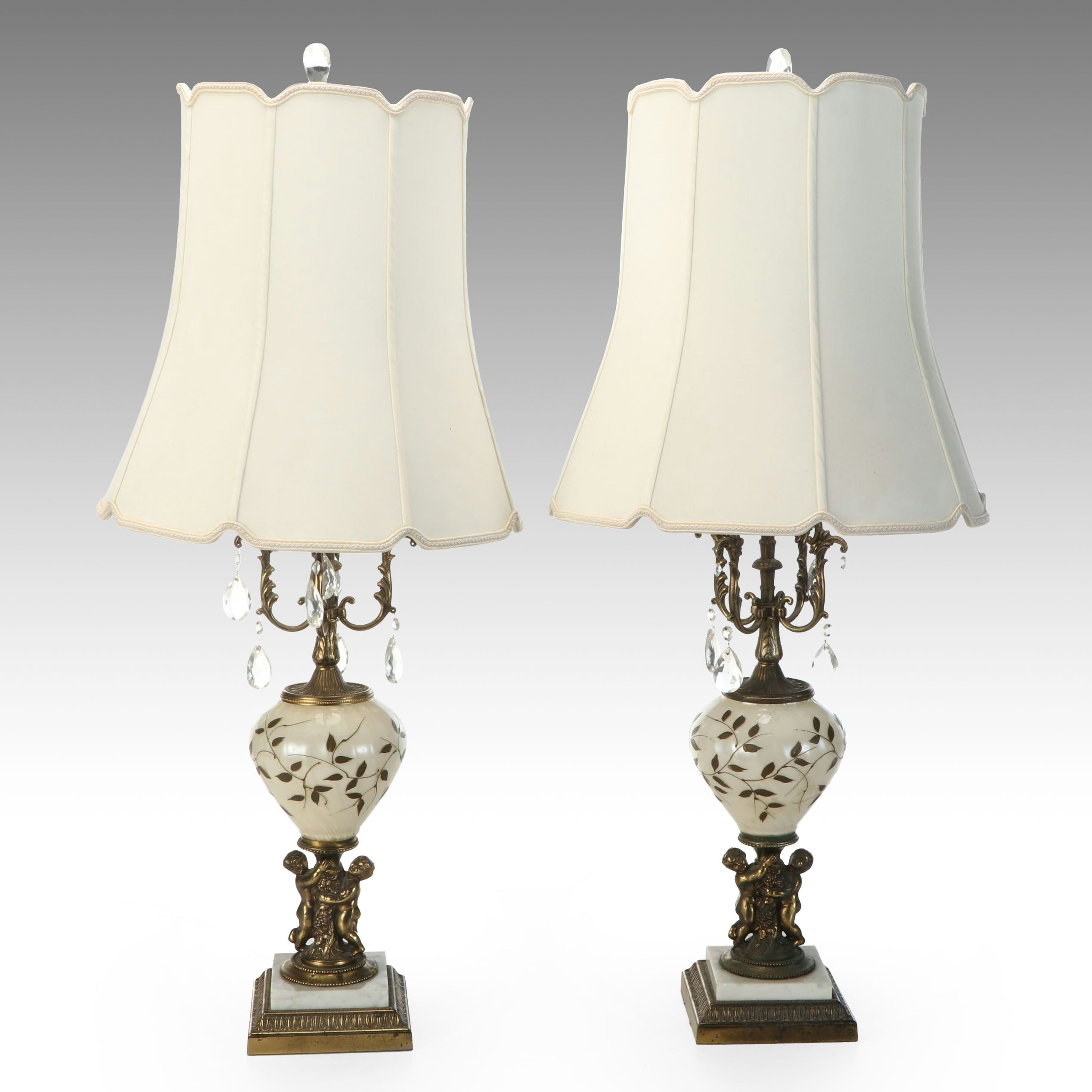 Rococo Style Ormolu-Mount Glass Table Lamps with Crystal Drops