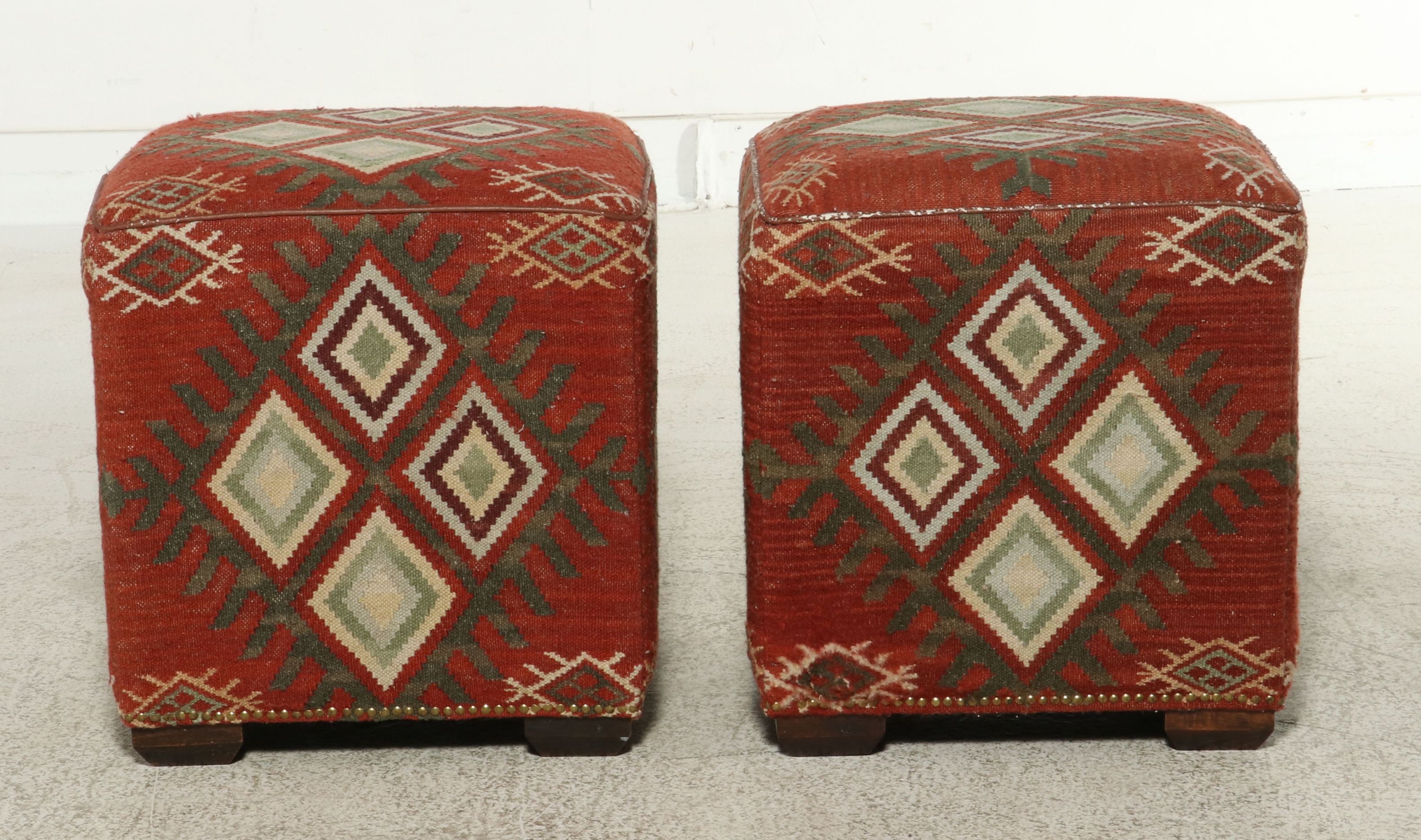 Pair of Geometric Kilim-Upholstered Cube Ottomans