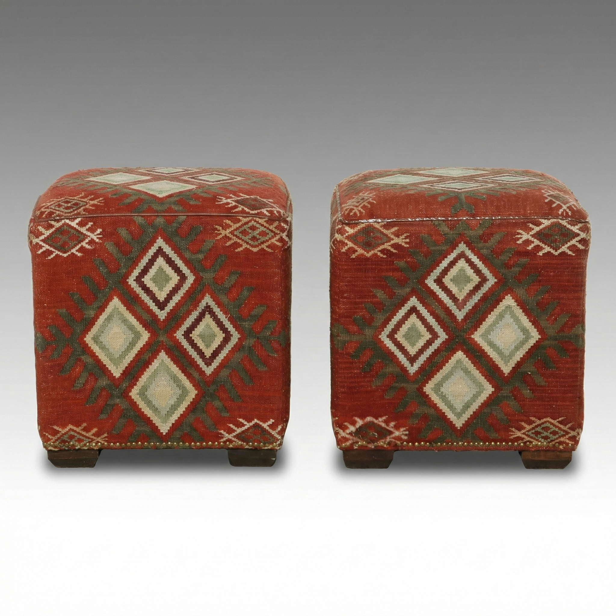 Pair of Geometric Kilim-Upholstered Cube Ottomans