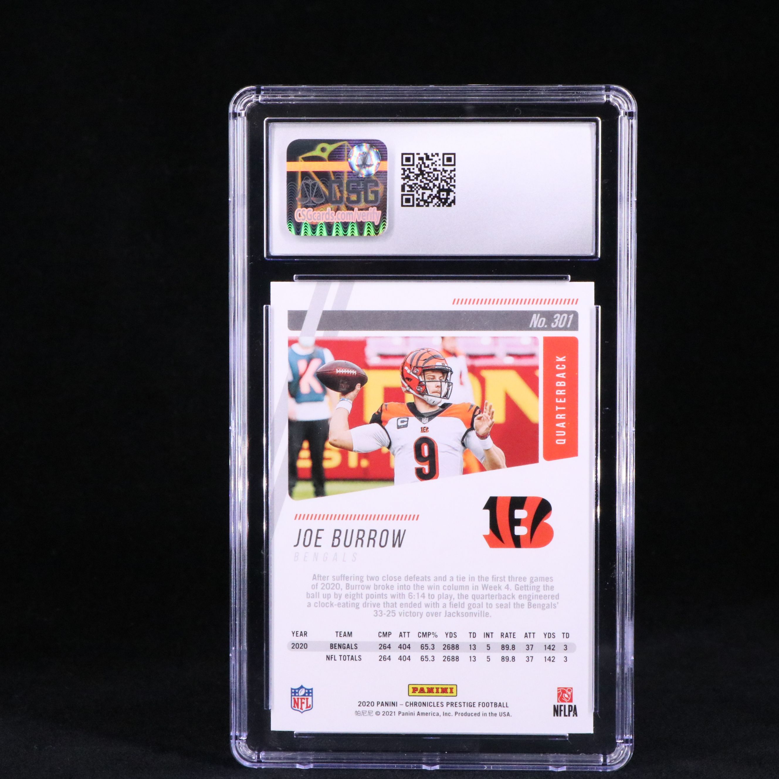 2020 Chronicles Prestige Joe Burrow Cincinnati Bengals Rookie Card Graded CSG 10