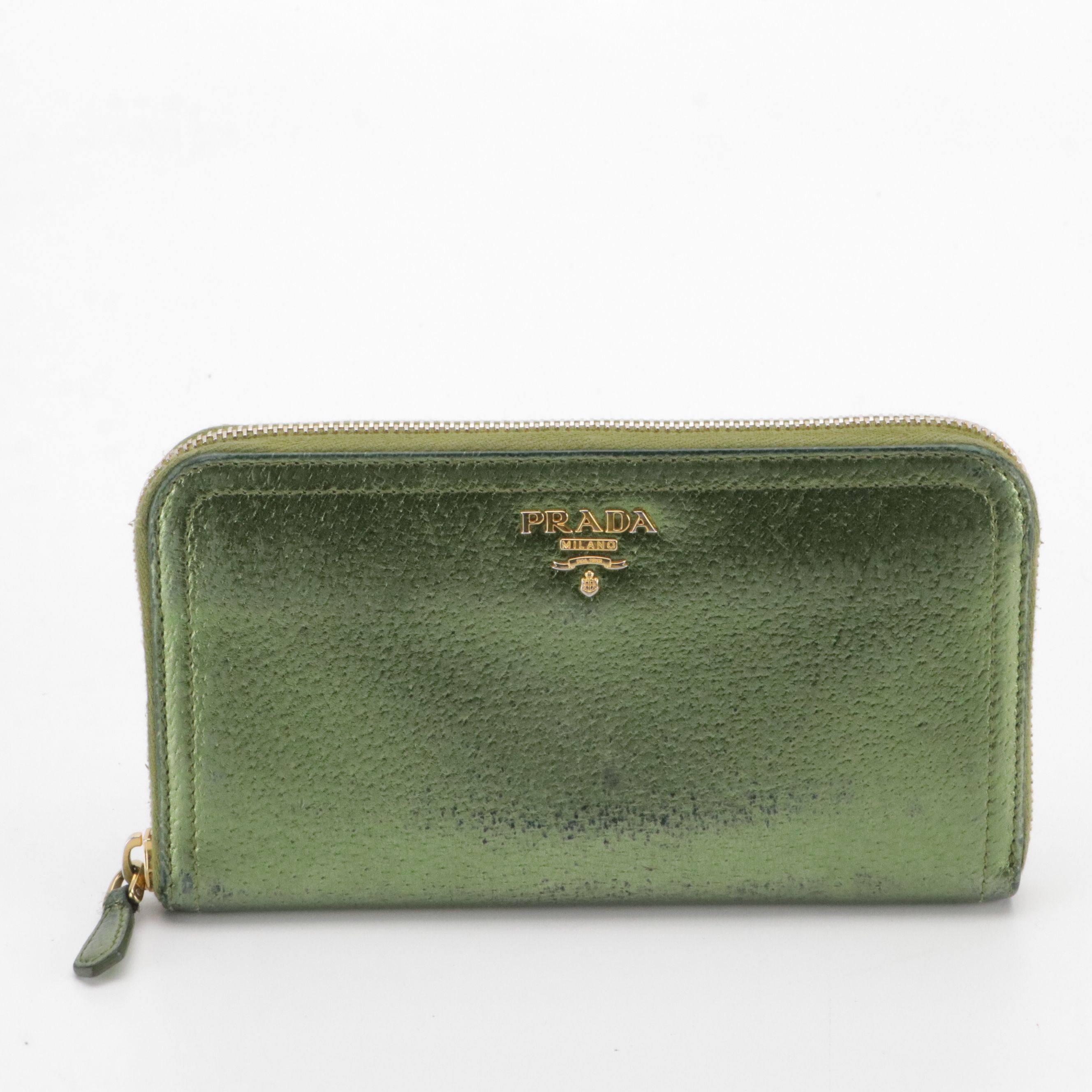 Prada Zip-Around Wallet in Kiwi Green Metallic Cinghiale Leather, With Box