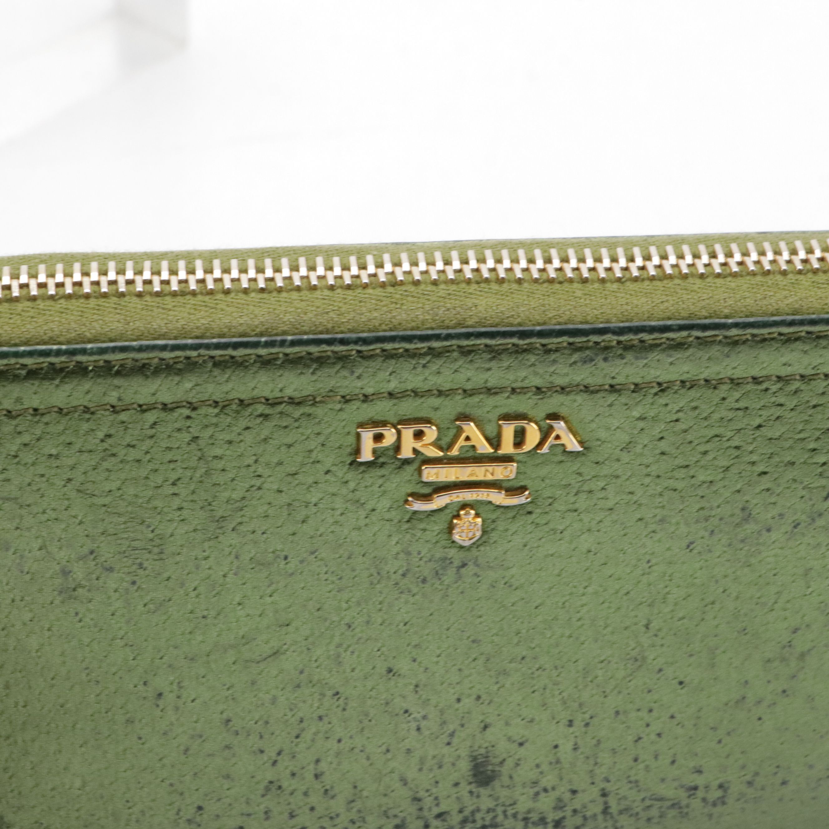 Prada Zip-Around Wallet in Kiwi Green Metallic Cinghiale Leather, With Box