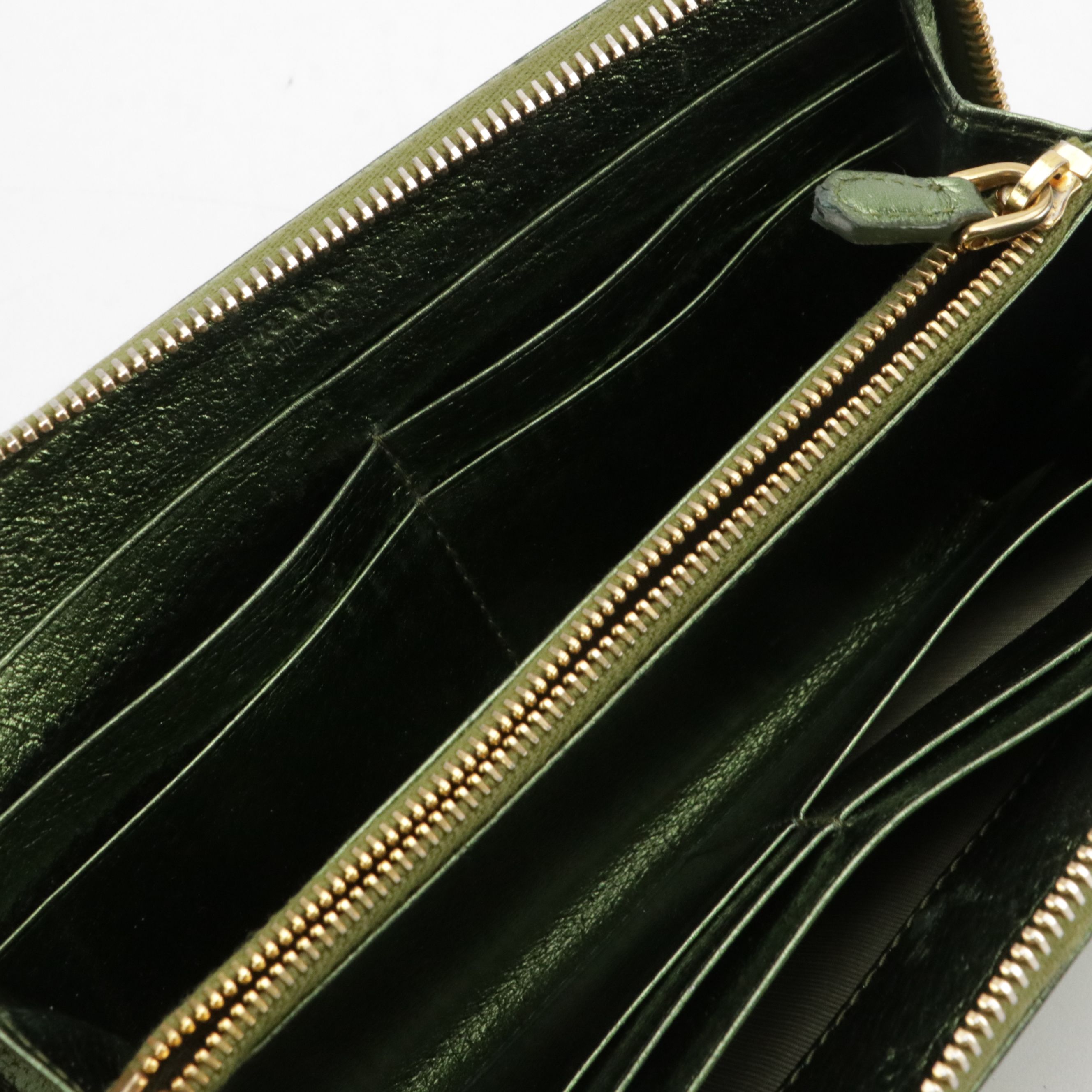 Prada Zip-Around Wallet in Kiwi Green Metallic Cinghiale Leather, With Box