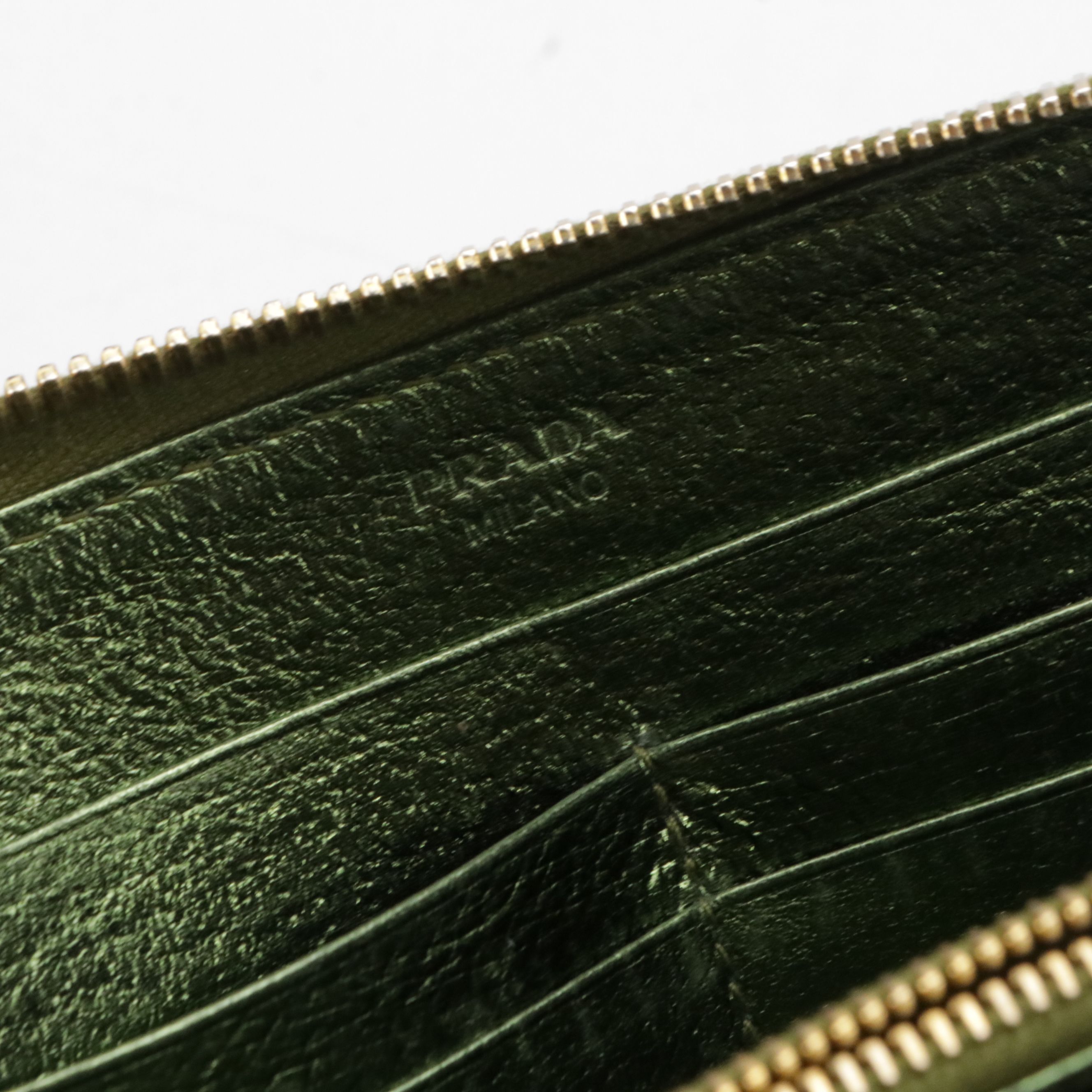 Prada Zip-Around Wallet in Kiwi Green Metallic Cinghiale Leather, With Box