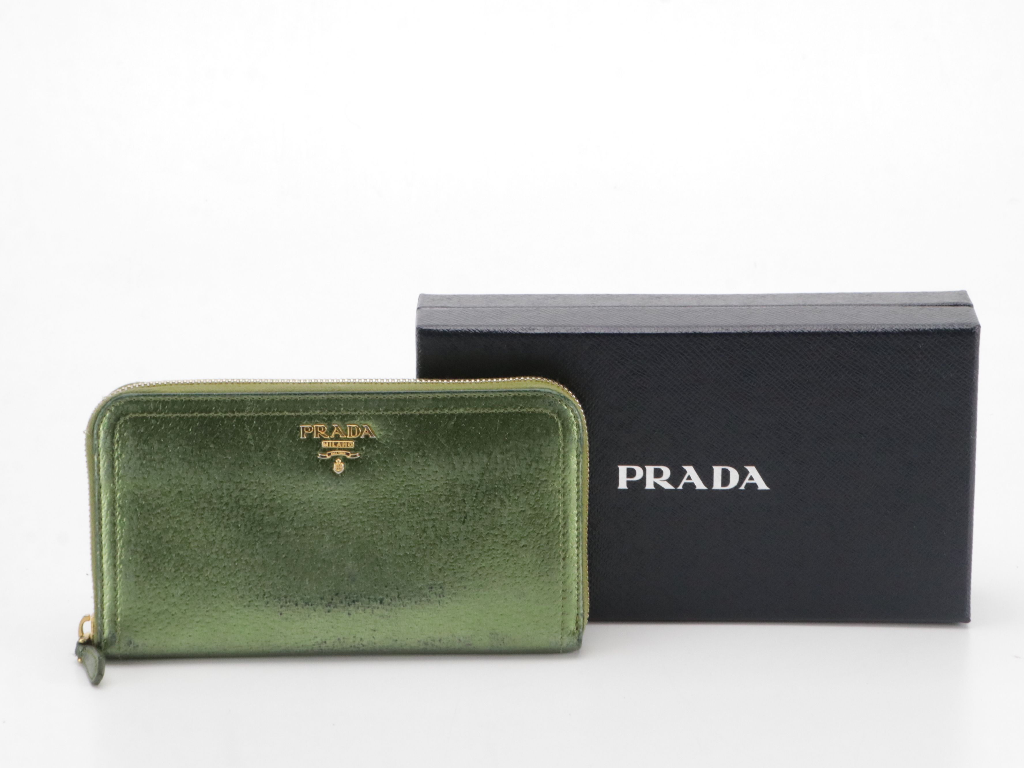 Prada Zip-Around Wallet in Kiwi Green Metallic Cinghiale Leather, With Box