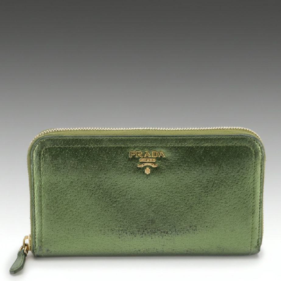 Prada Zip-Around Wallet in Kiwi Green Metallic Cinghiale Leather, With Box