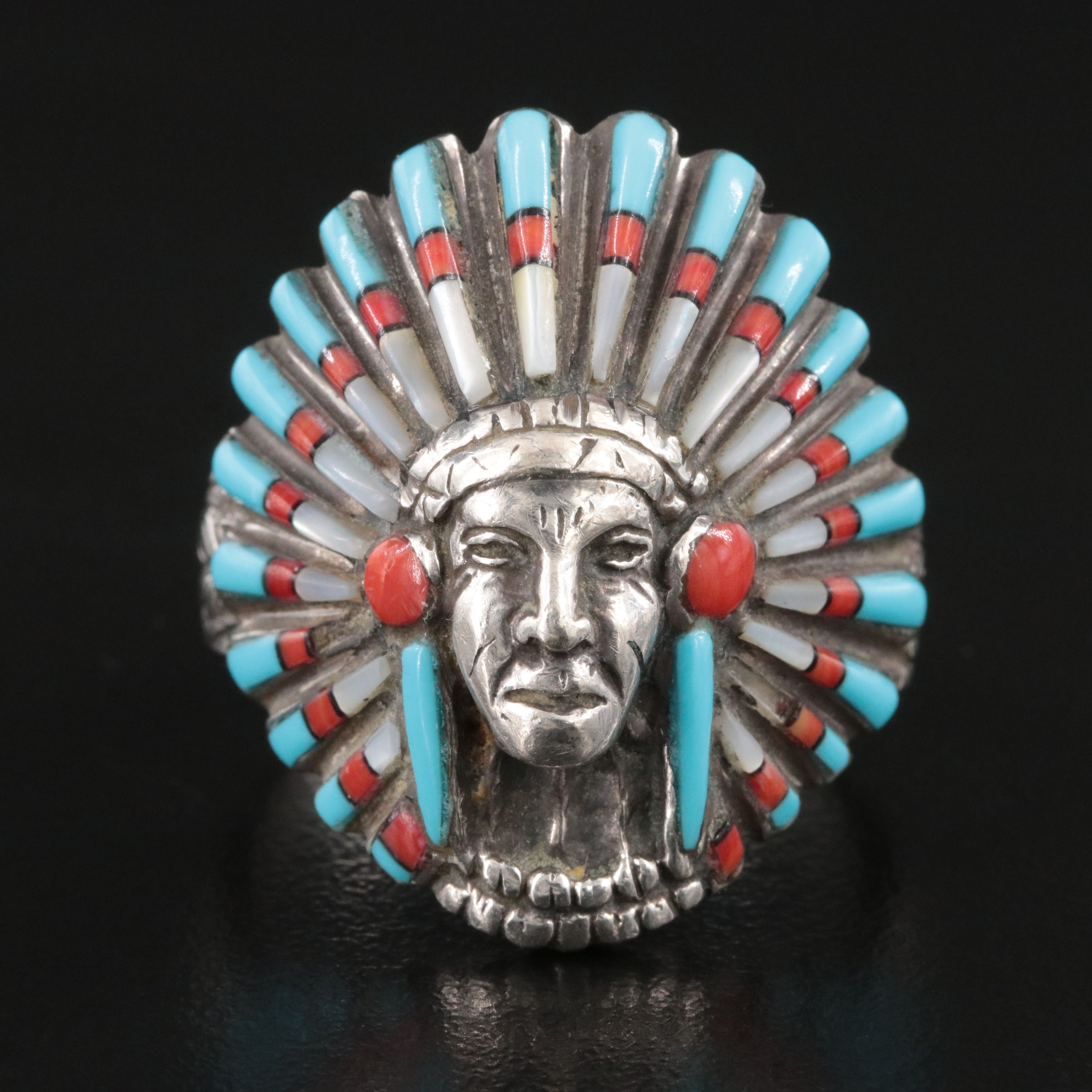 Southwestern Sterling Coral, Mother-of-Pearl and Faux Turquoise Headdress Ring