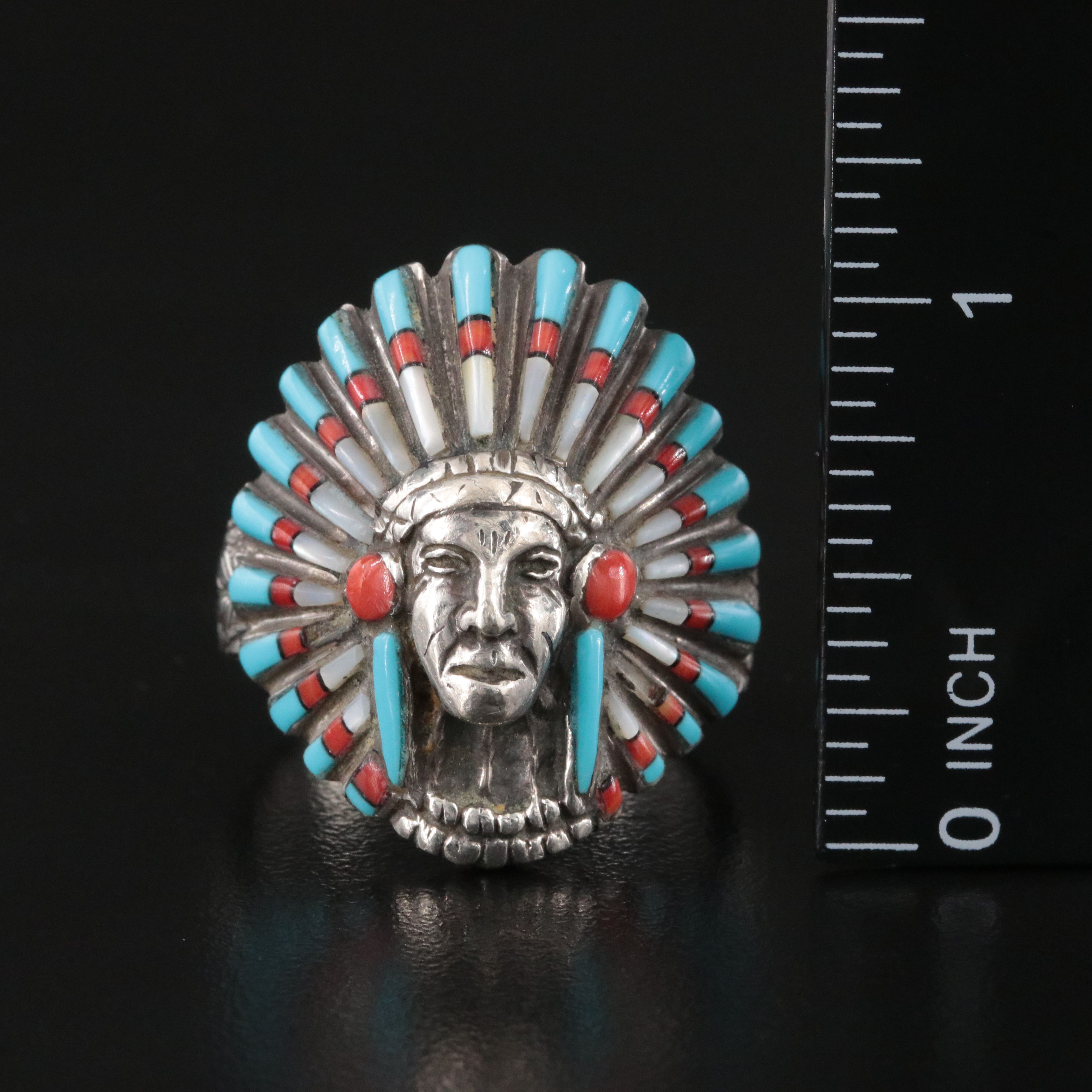 Southwestern Sterling Coral, Mother-of-Pearl and Faux Turquoise Headdress Ring