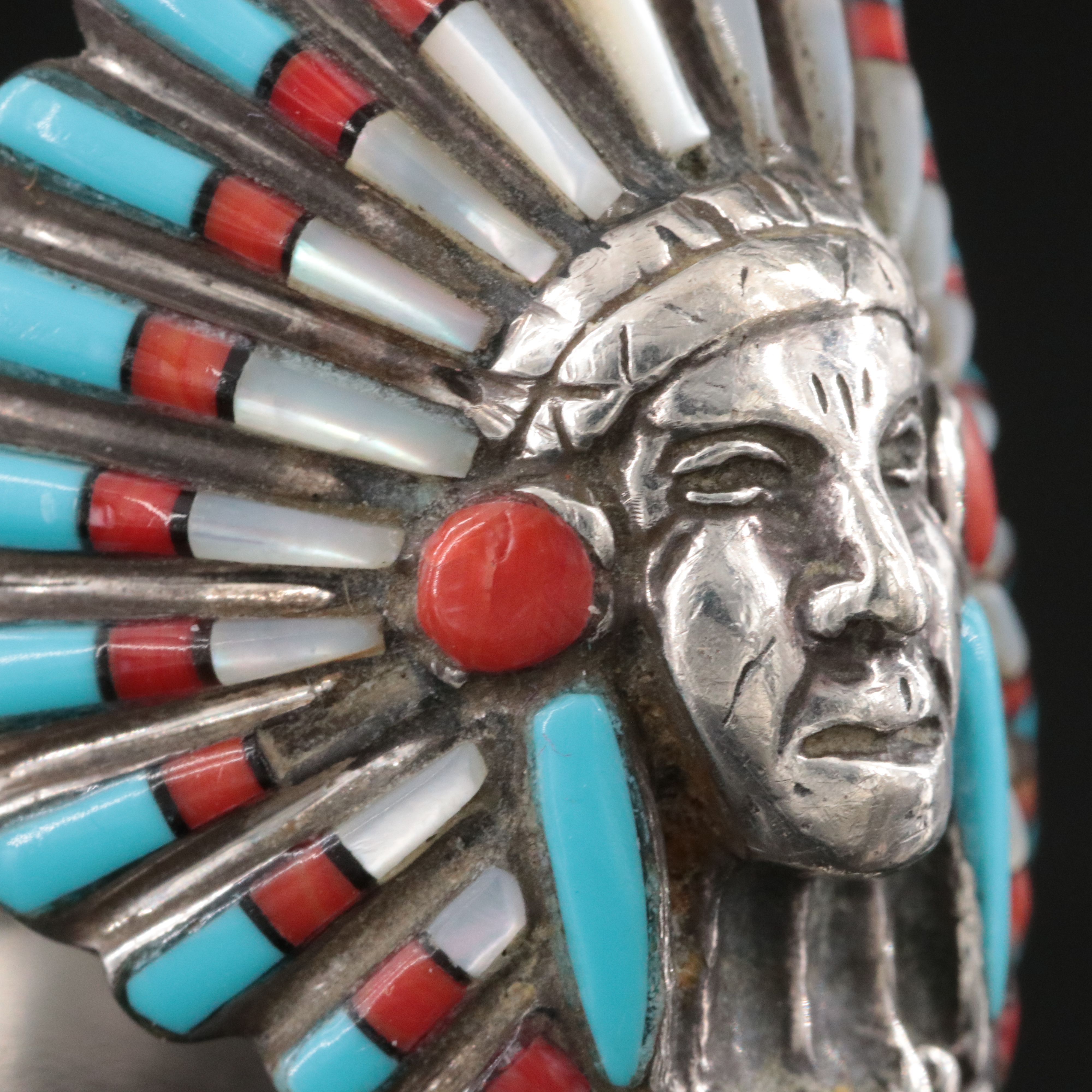 Southwestern Sterling Coral, Mother-of-Pearl and Faux Turquoise Headdress Ring