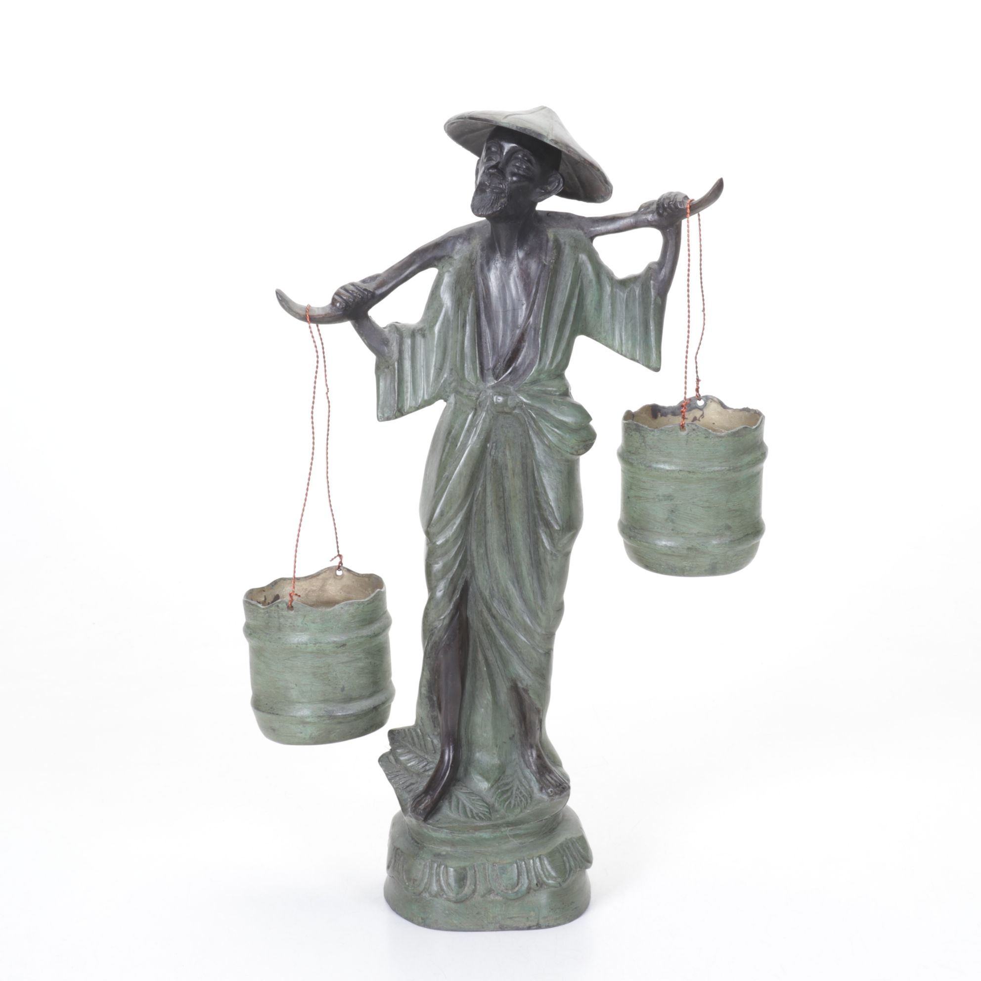 Asian Man Carrying Buckets Cast Bronze Statue
