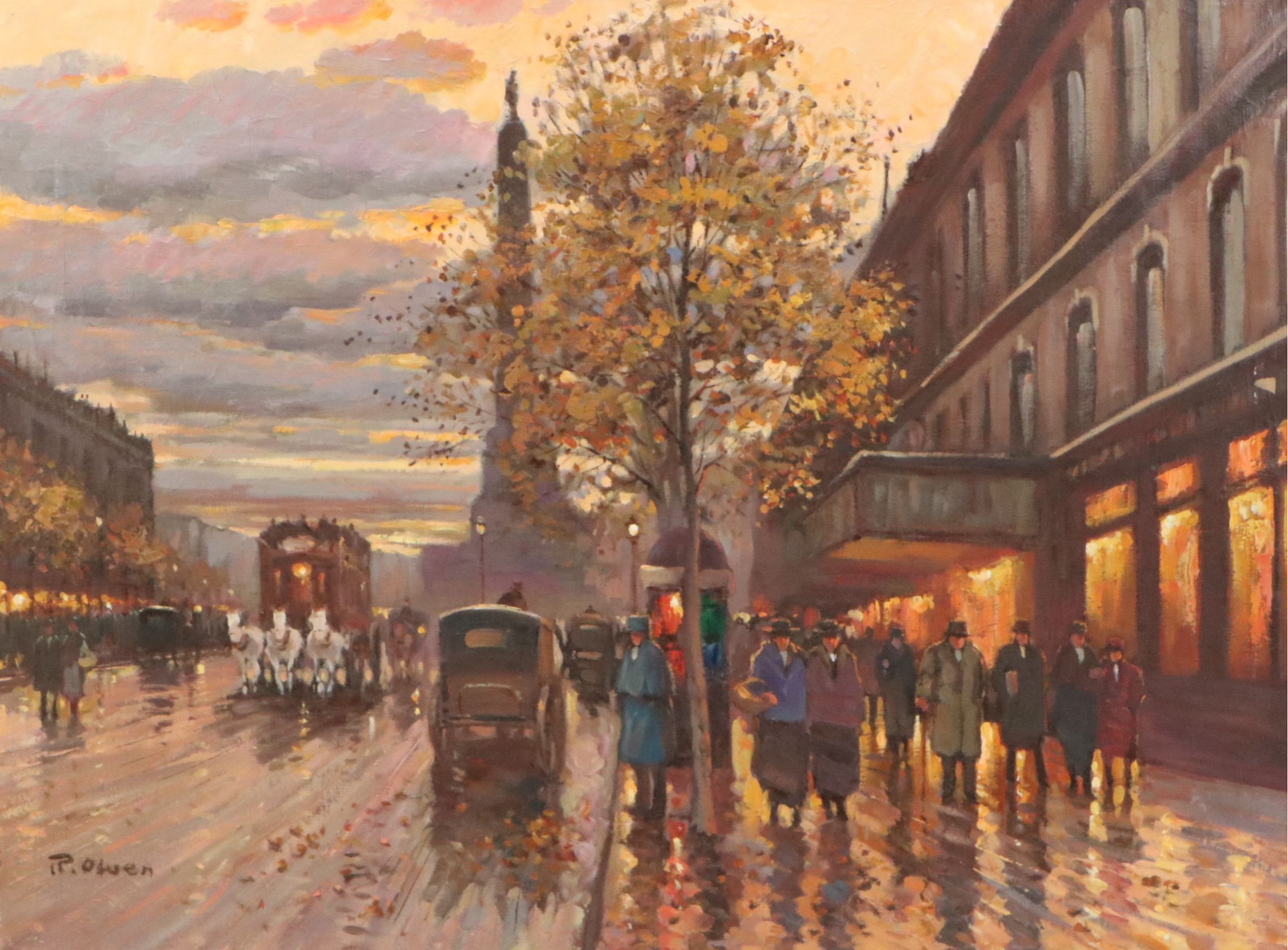 R. Owen Parisian City Scene Oil Painting, Late 20th Century