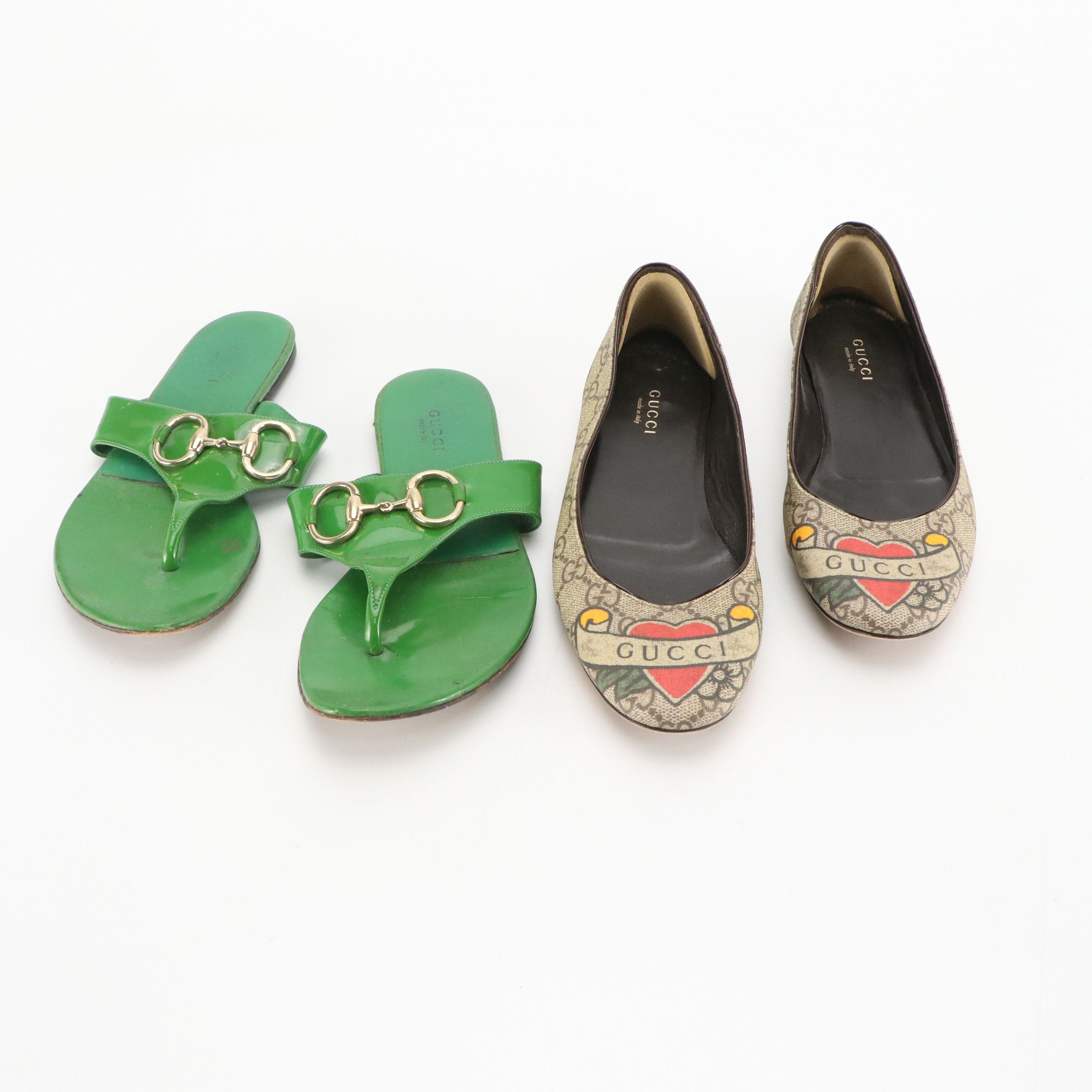 Gucci Tattoo Heart Print Ballet Flats and Horsebit Patent Leather Sandals