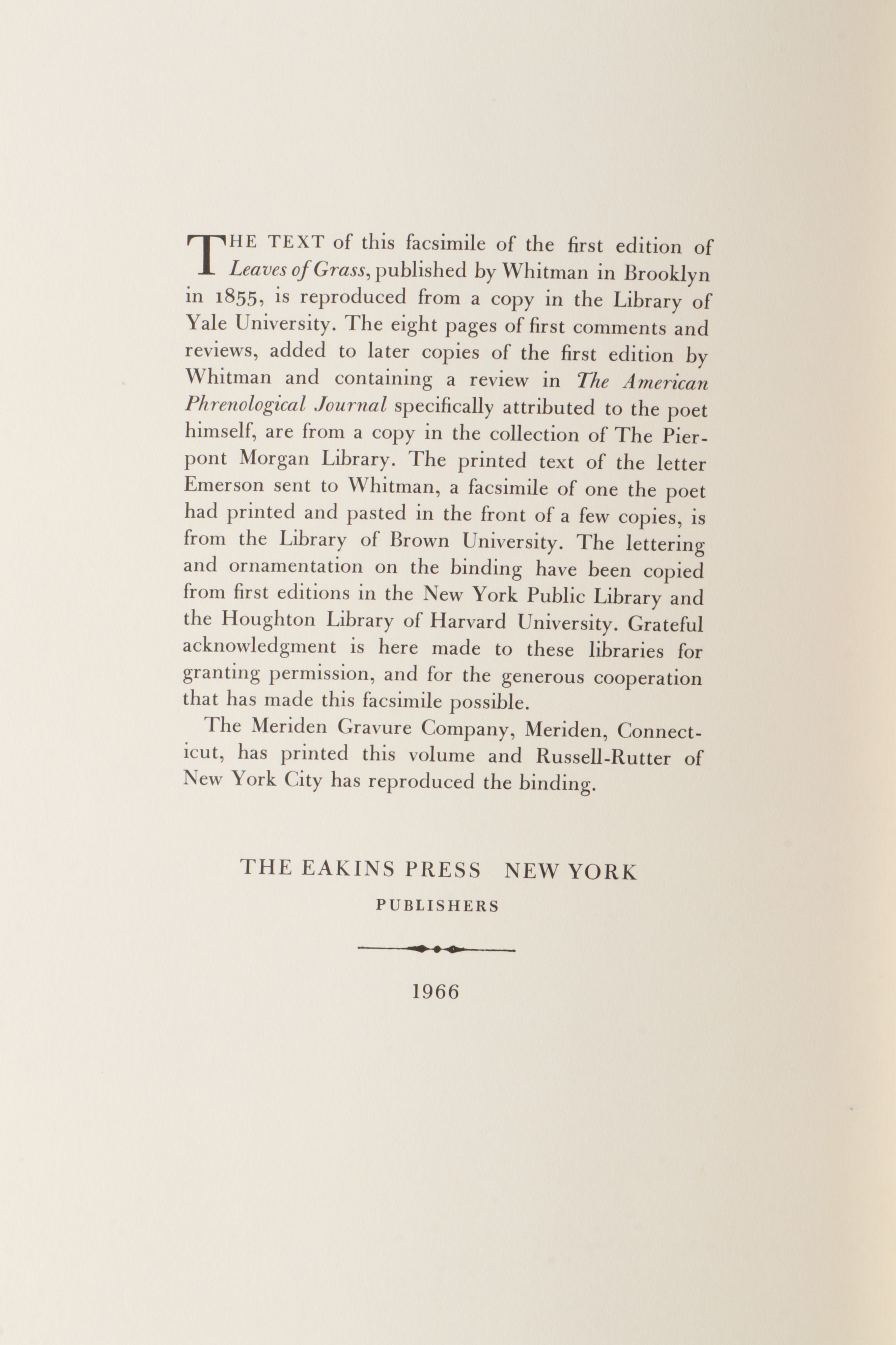 Facsimile First Edition "Leaves of Grass" by Walt Whitman, 1966