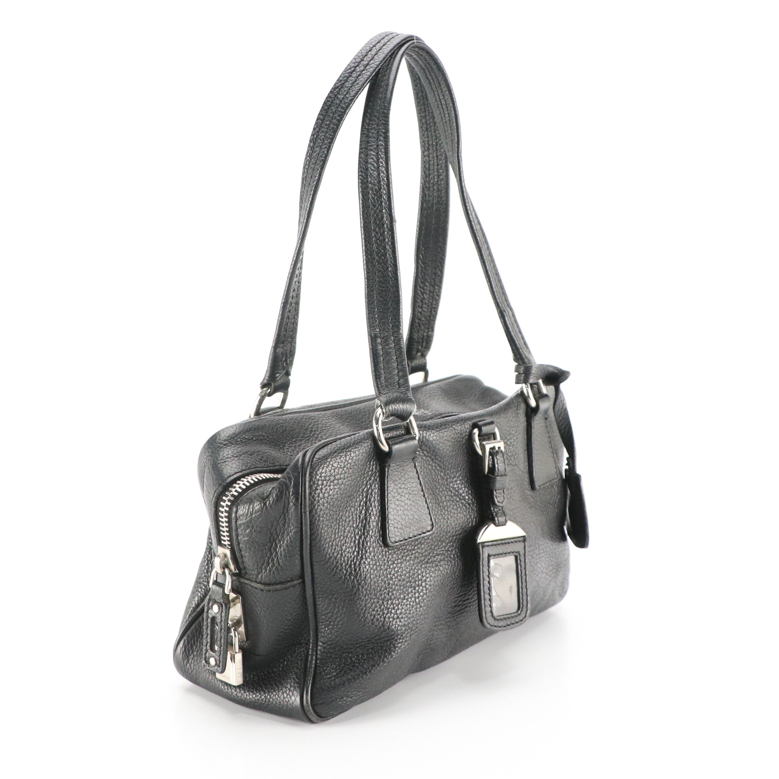 Prada Bauletto Shoulder Bag in Black Vitello Daino Leather