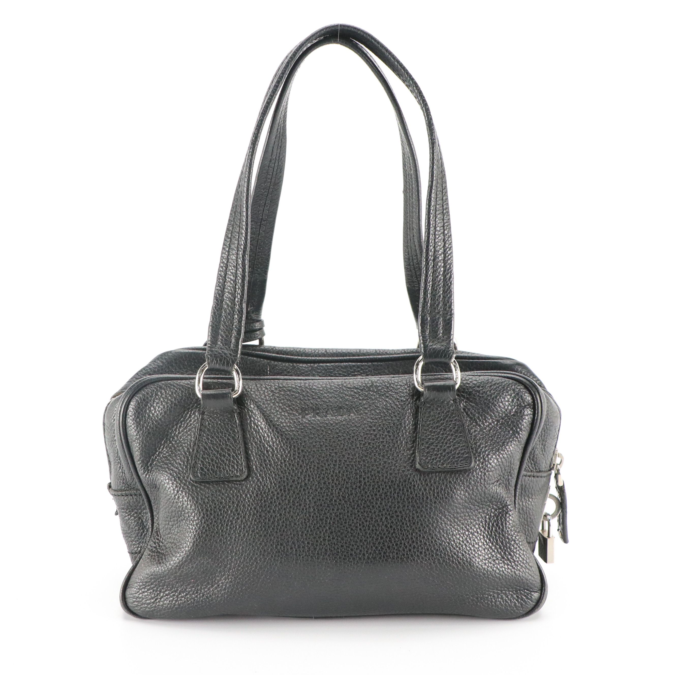 Prada Bauletto Shoulder Bag in Black Vitello Daino Leather