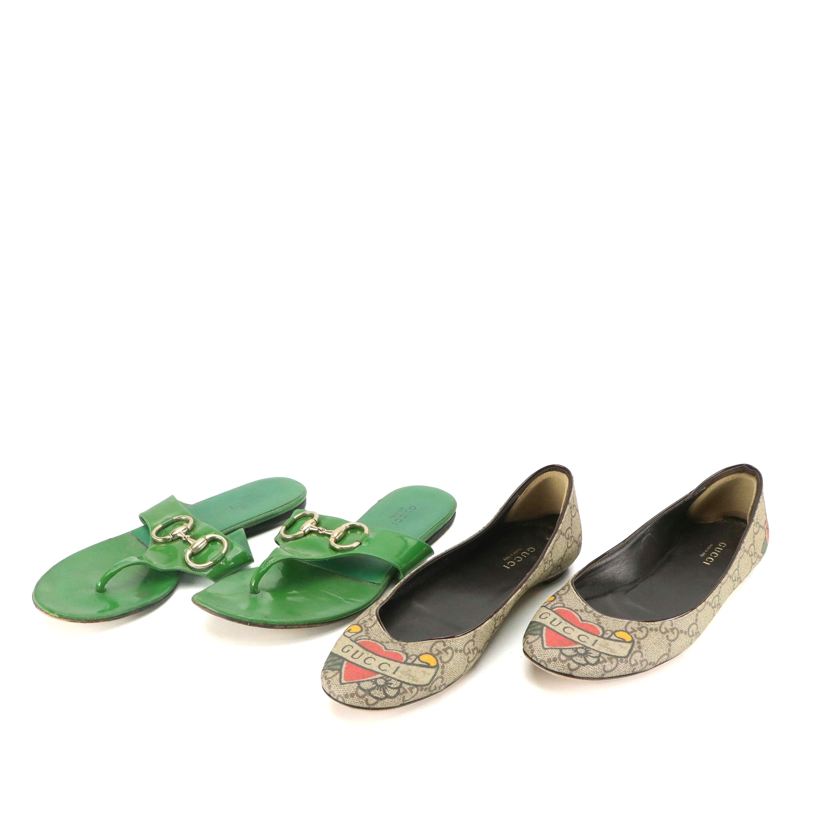 Gucci Tattoo Heart Print Ballet Flats and Horsebit Patent Leather Sandals