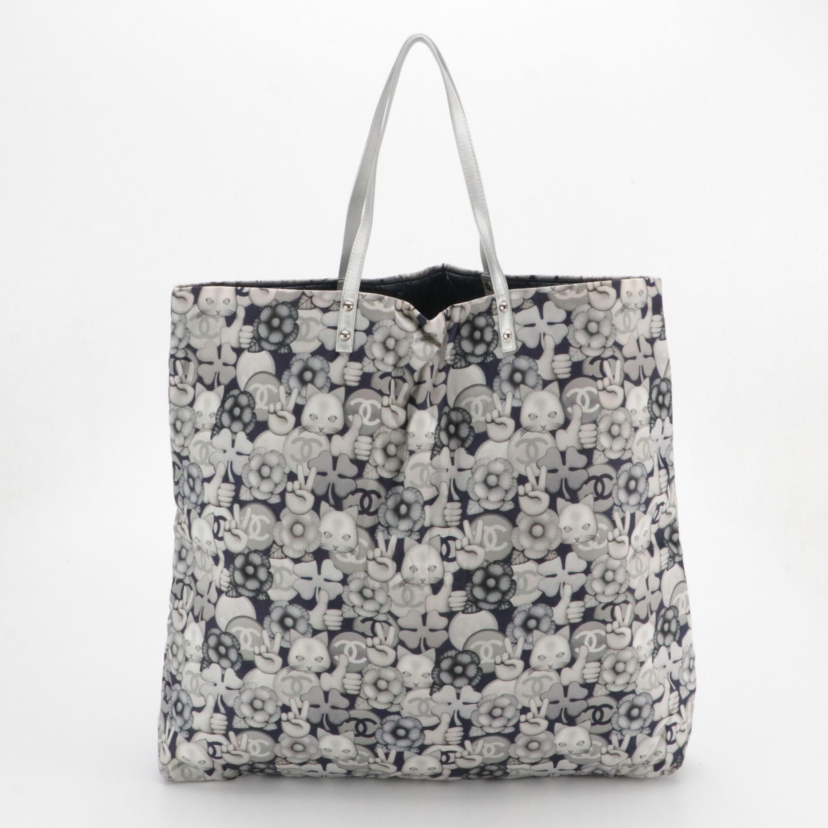 Chanel Shopping Tote Bag in Peace Cat Emoticon Nylon & Silver Metallic Leather