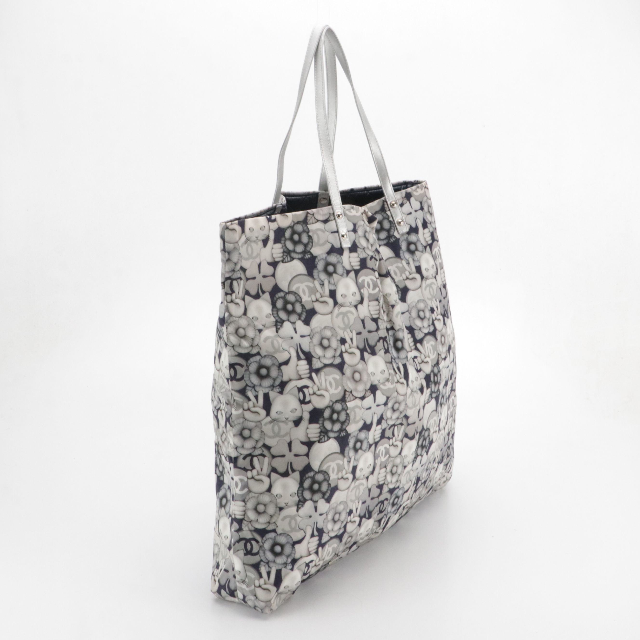 Chanel Shopping Tote Bag in Peace Cat Emoticon Nylon & Silver Metallic Leather