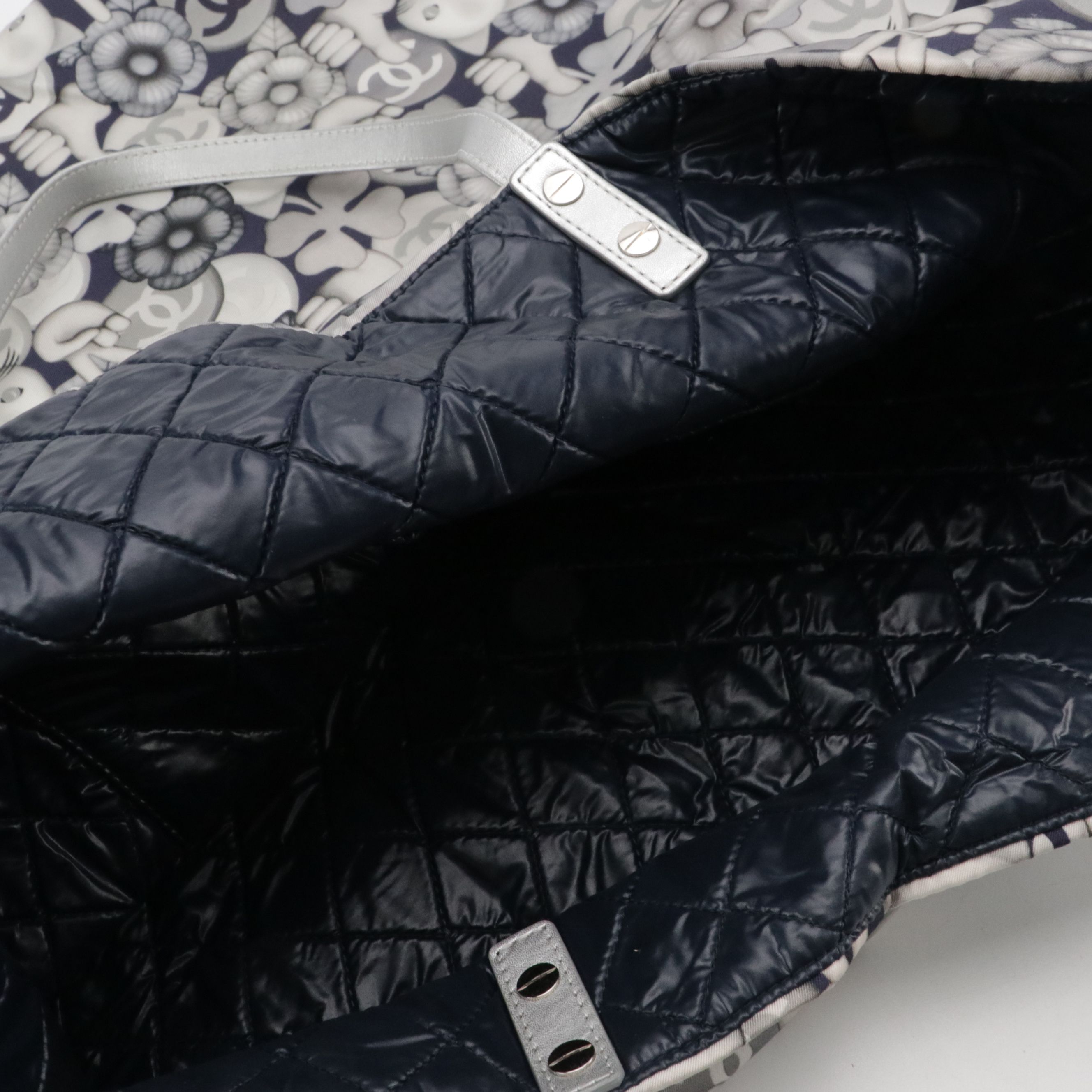 Chanel Shopping Tote Bag in Peace Cat Emoticon Nylon & Silver Metallic Leather