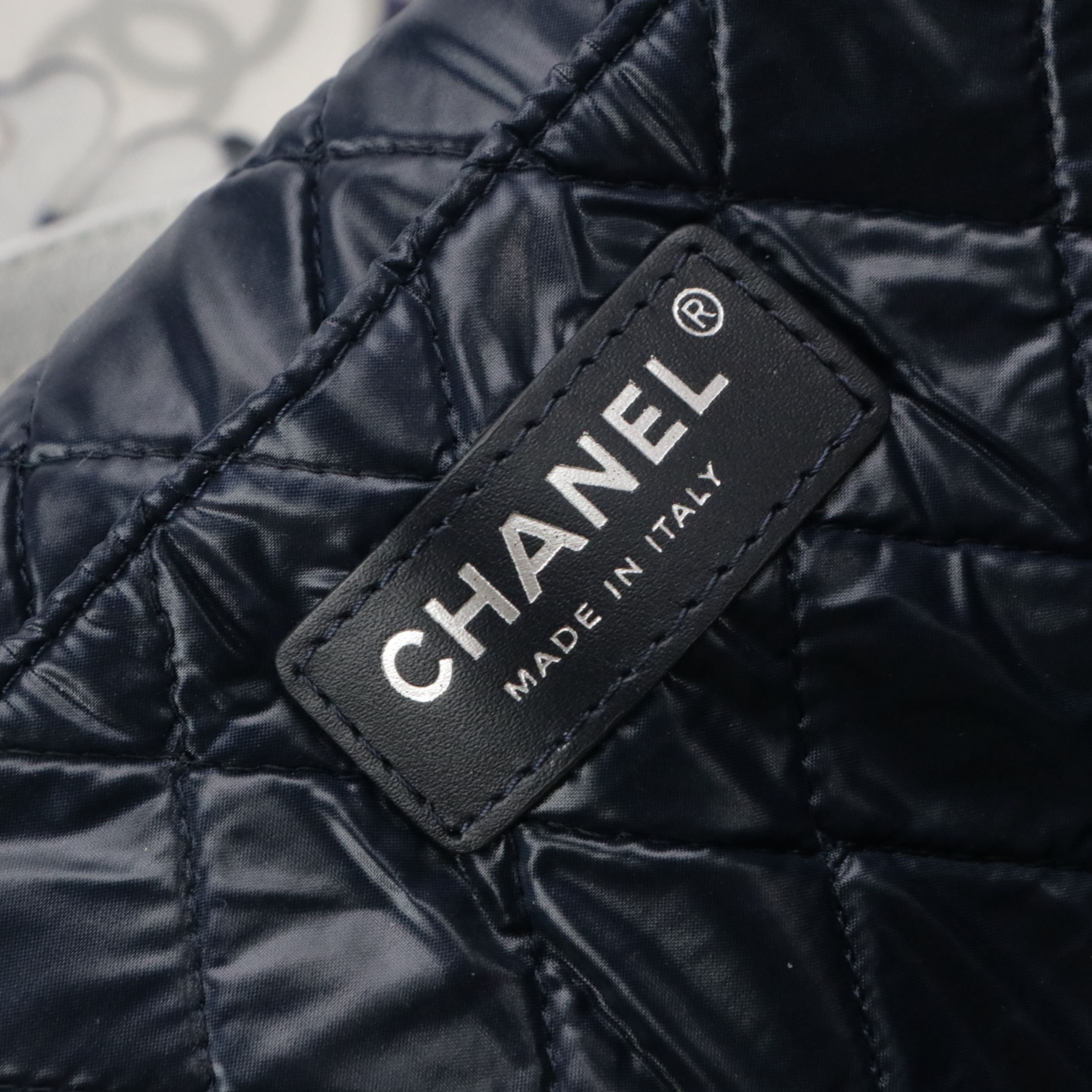 Chanel Shopping Tote Bag in Peace Cat Emoticon Nylon & Silver Metallic Leather