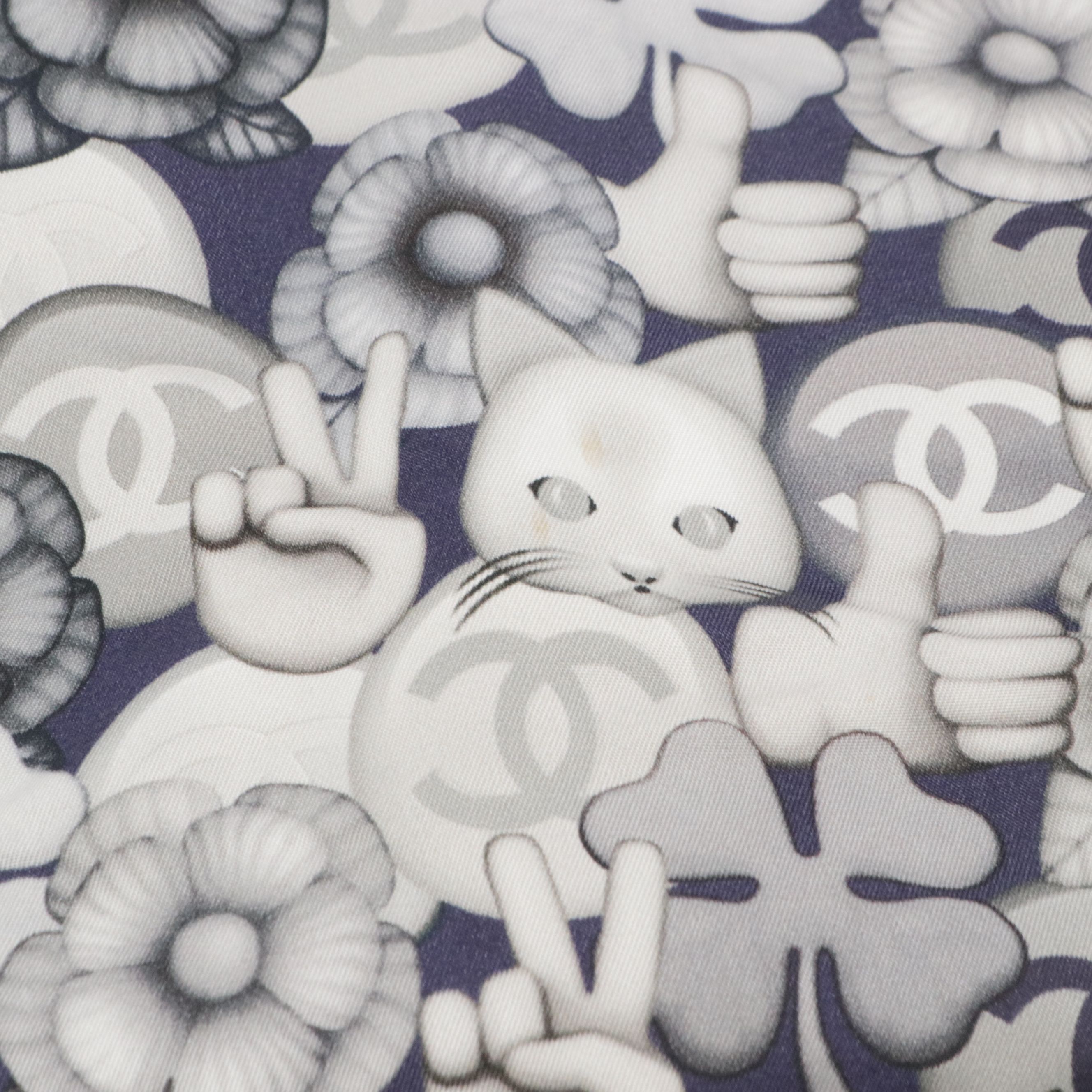 Chanel Shopping Tote Bag in Peace Cat Emoticon Nylon & Silver Metallic Leather