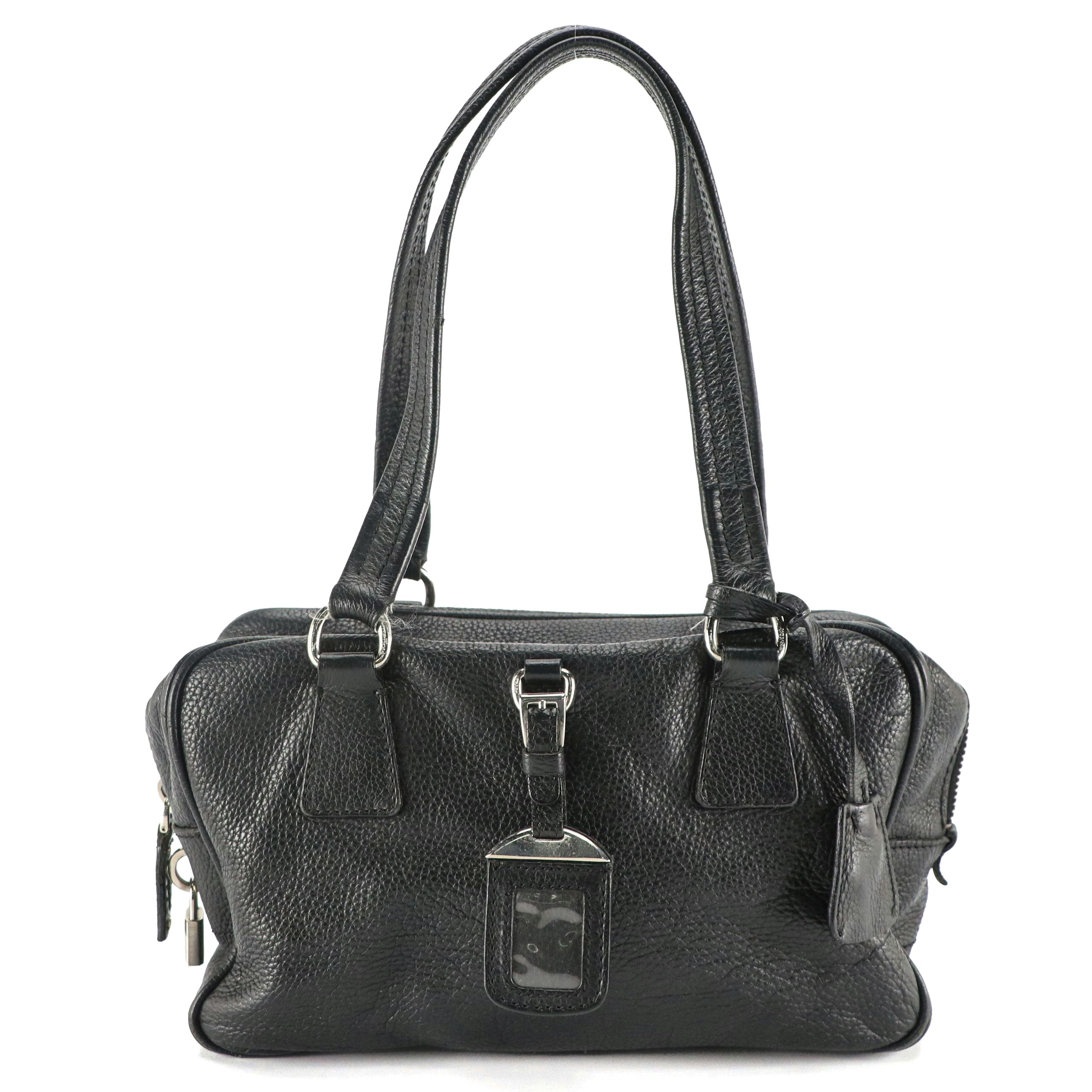 Prada Bauletto Shoulder Bag in Black Vitello Daino Leather