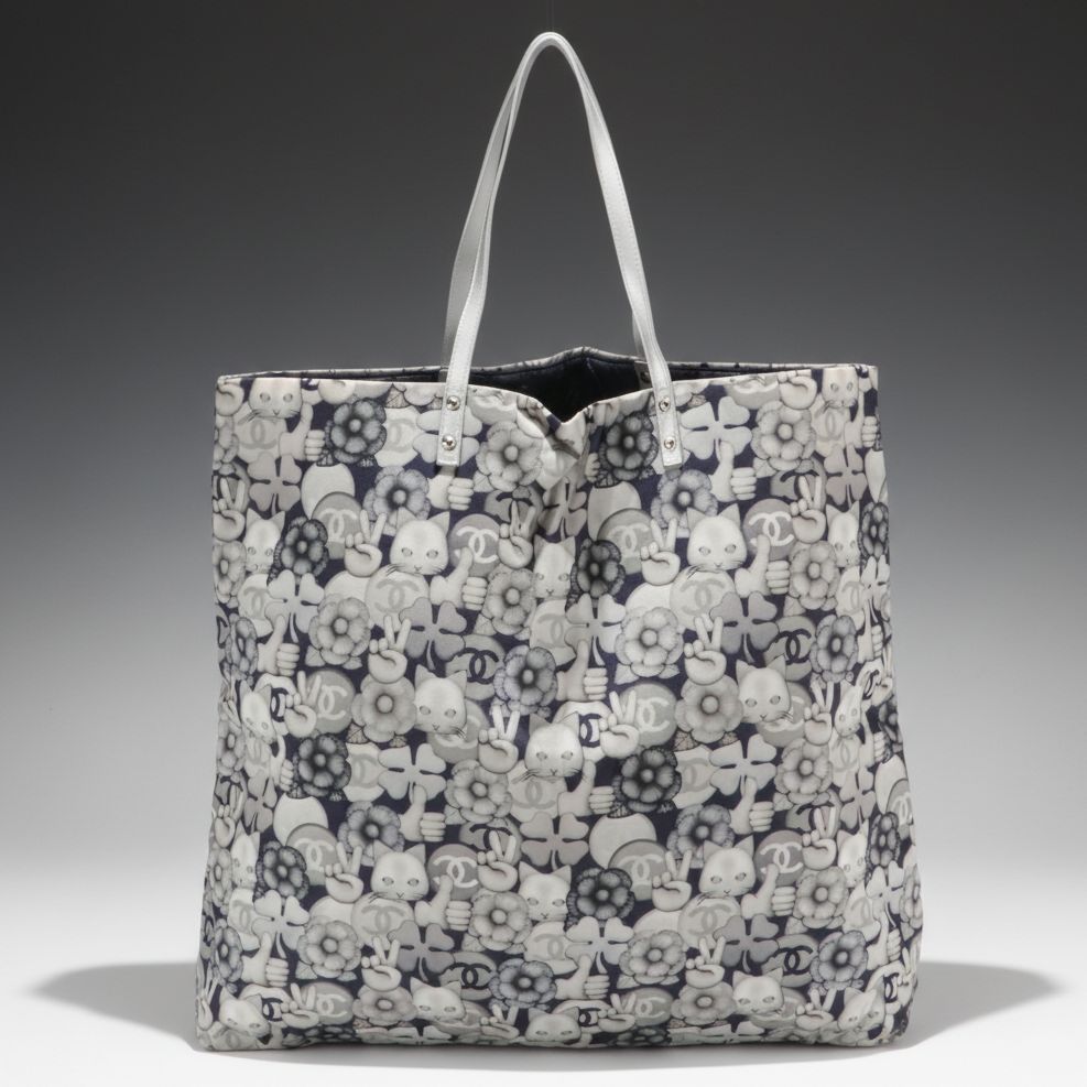 Chanel Shopping Tote Bag in Peace Cat Emoticon Nylon & Silver Metallic Leather