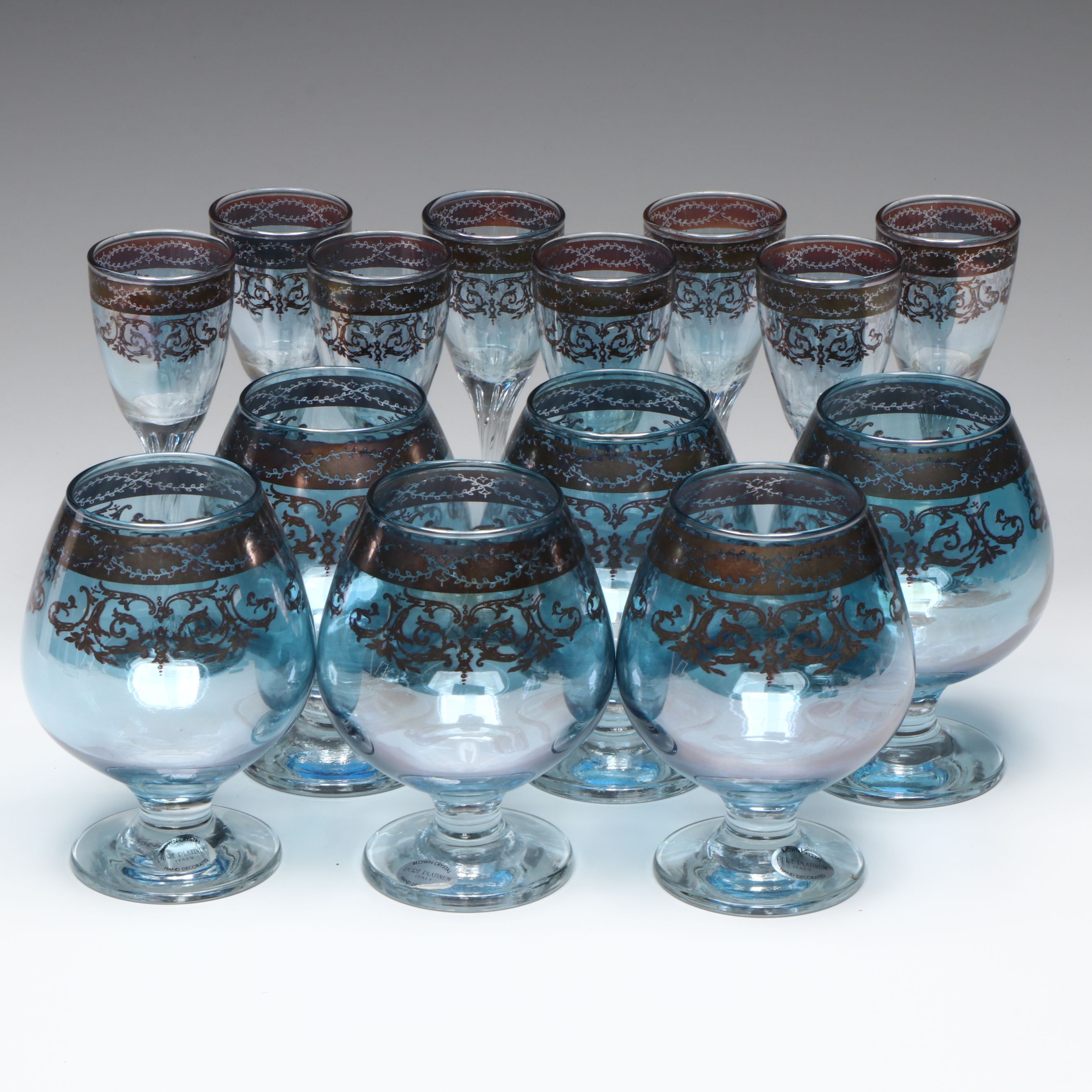 Pure Platinum Italian Blown Crystal Brandy and Cordial Glasses