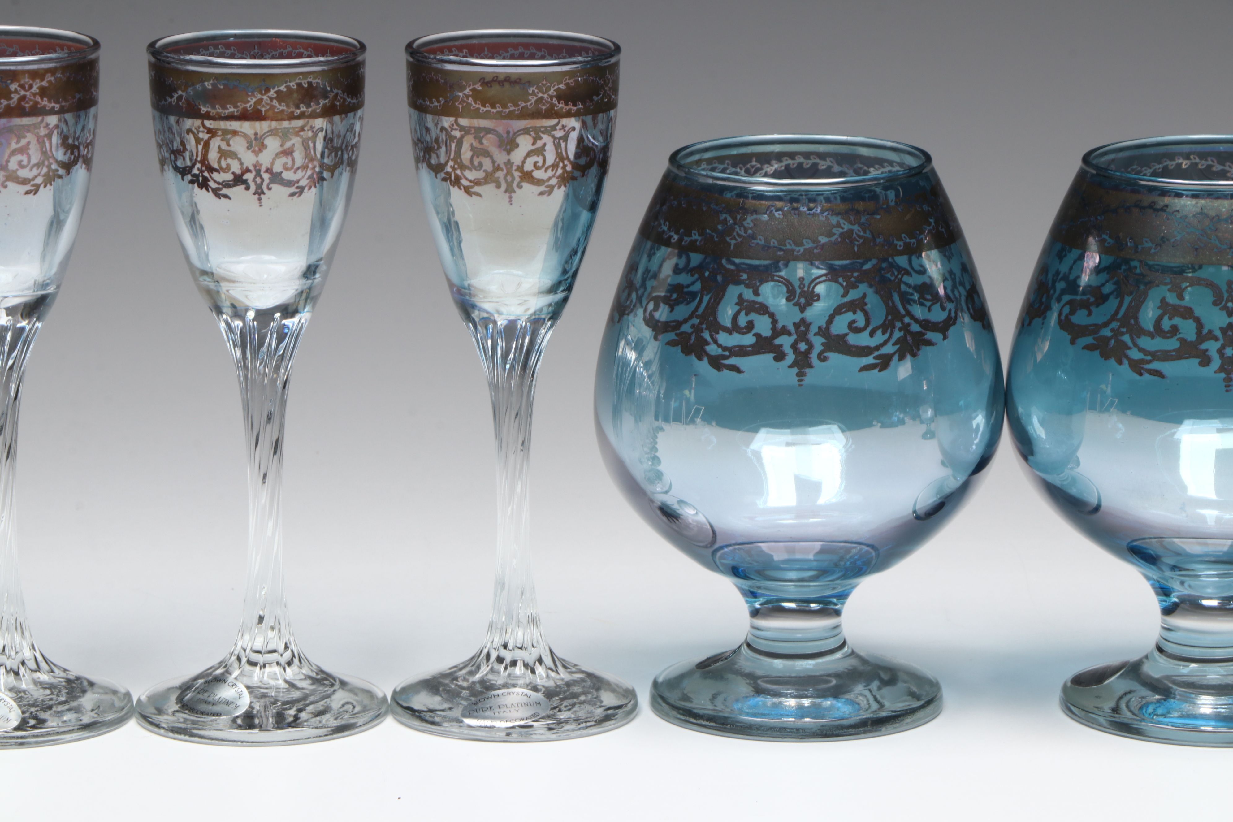 Pure Platinum Italian Blown Crystal Brandy and Cordial Glasses