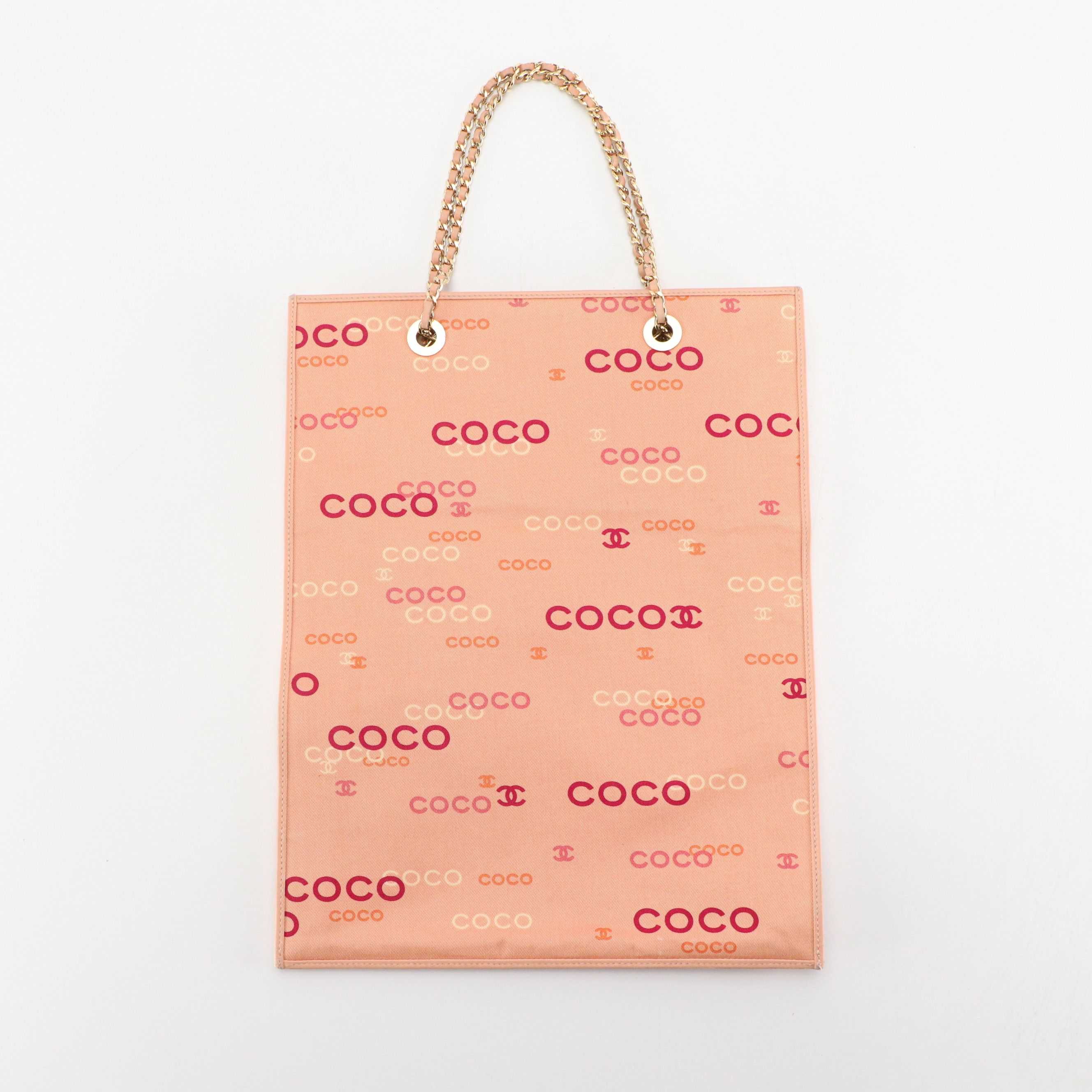 Chanel Pink Coco Logo Canvas Chain Link Tote Bag