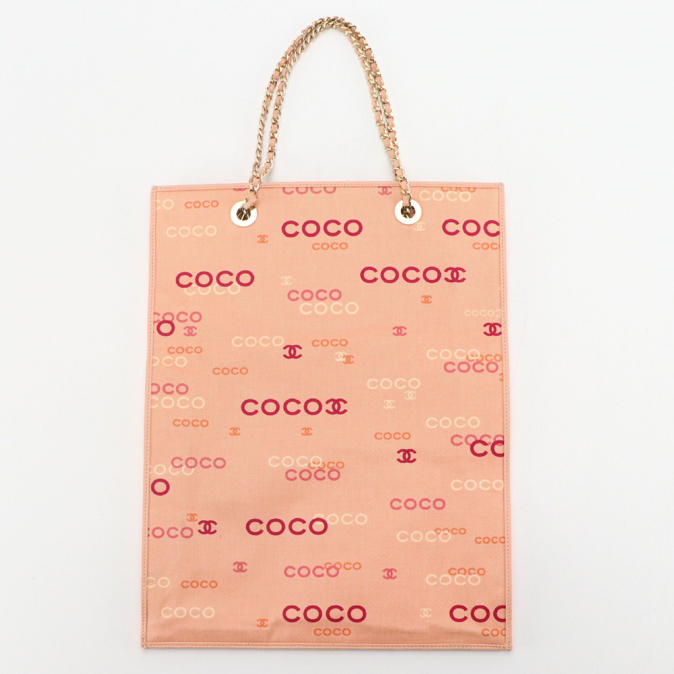 Chanel Pink Coco Logo Canvas Chain Link Tote Bag