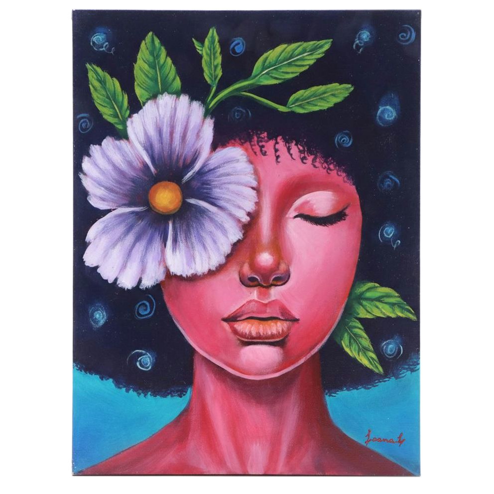 Loana L. Stylized Acrylic Painting of Girl with Hibiscus, 21st Century