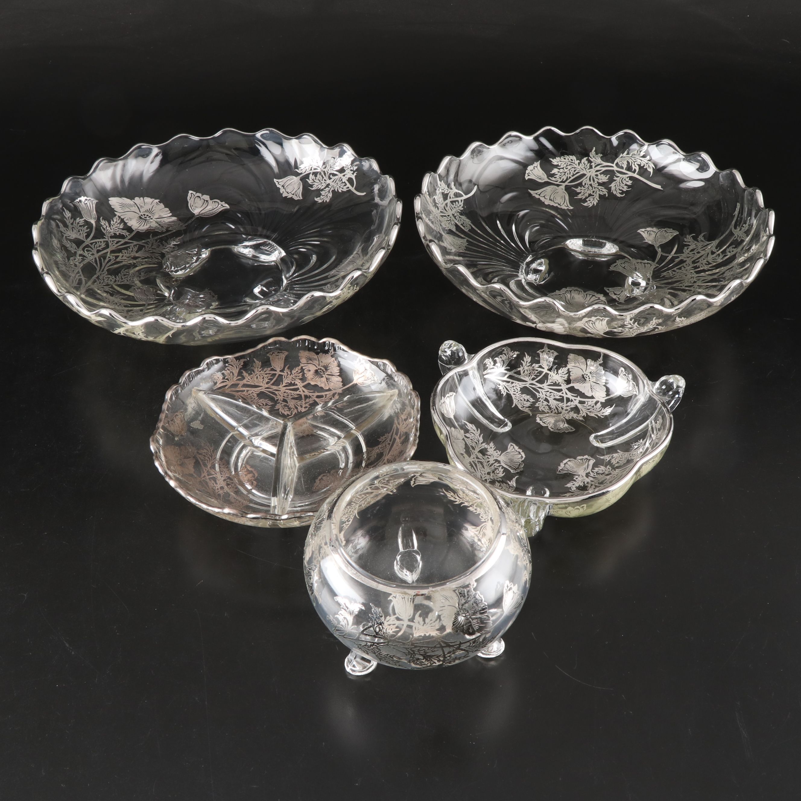 Floral Silver Overlay Glass Serveware, Mid-20th Century