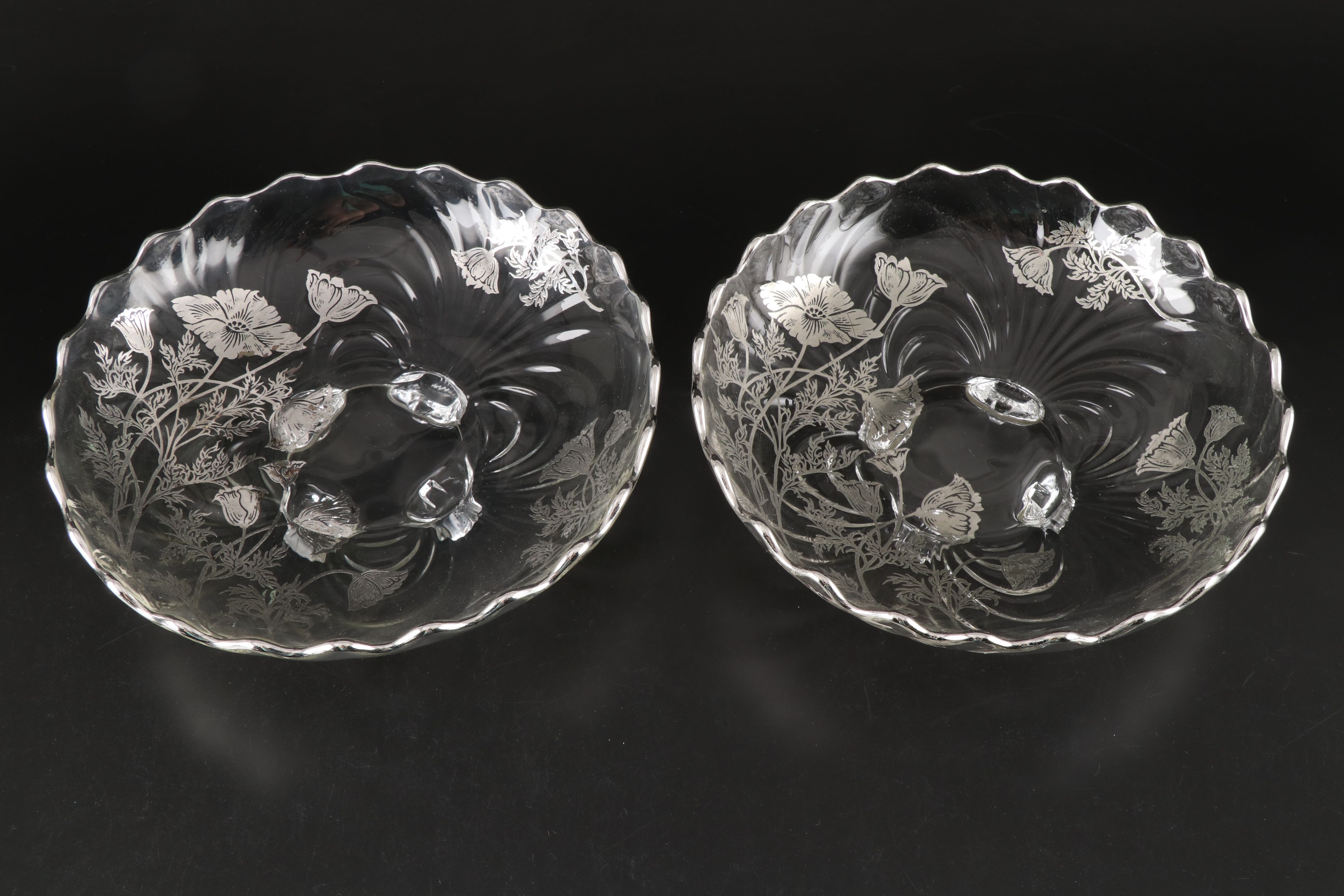 Floral Silver Overlay Glass Serveware, Mid-20th Century